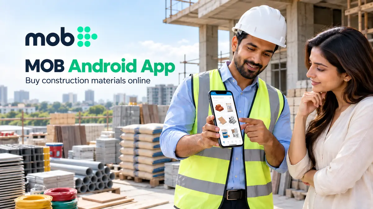 Site supervisor using the MOB construction materials app on an Android phone at a building site