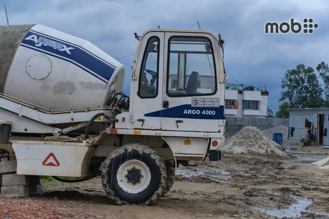 M25 Ready-Mix Concrete transit mixer and concrete pump at a construction site in Bangalore