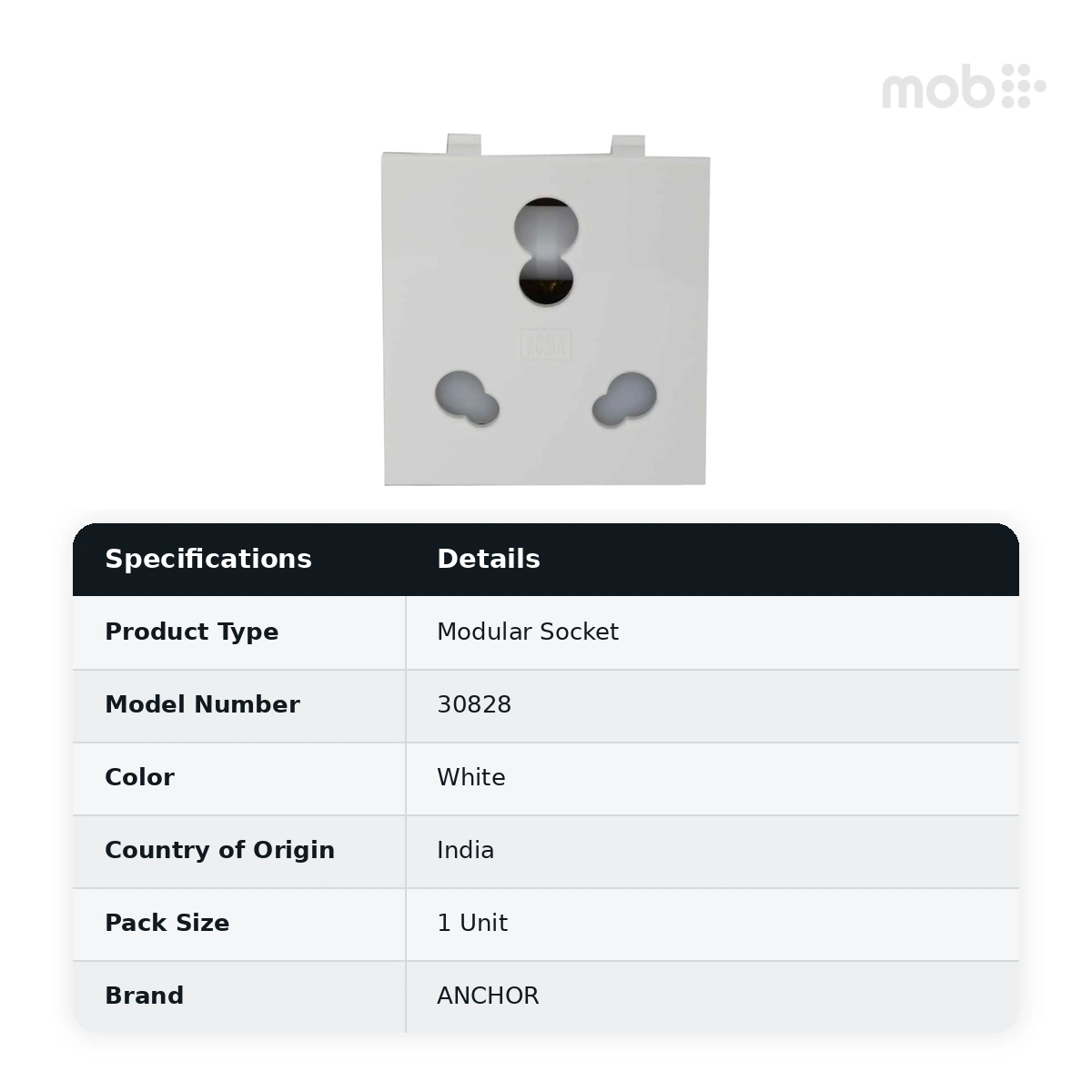 Anchor by Panasonic Roma 10A/20A Twin Modular Socket (Heavy-Duty), White, Code: 30828 - image 2