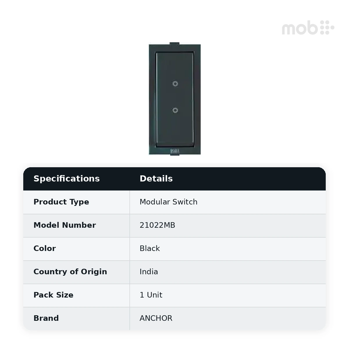 Anchor by Panasonic Roma 10AX 2-Way Modular Switch, Black, Code: 21022MB