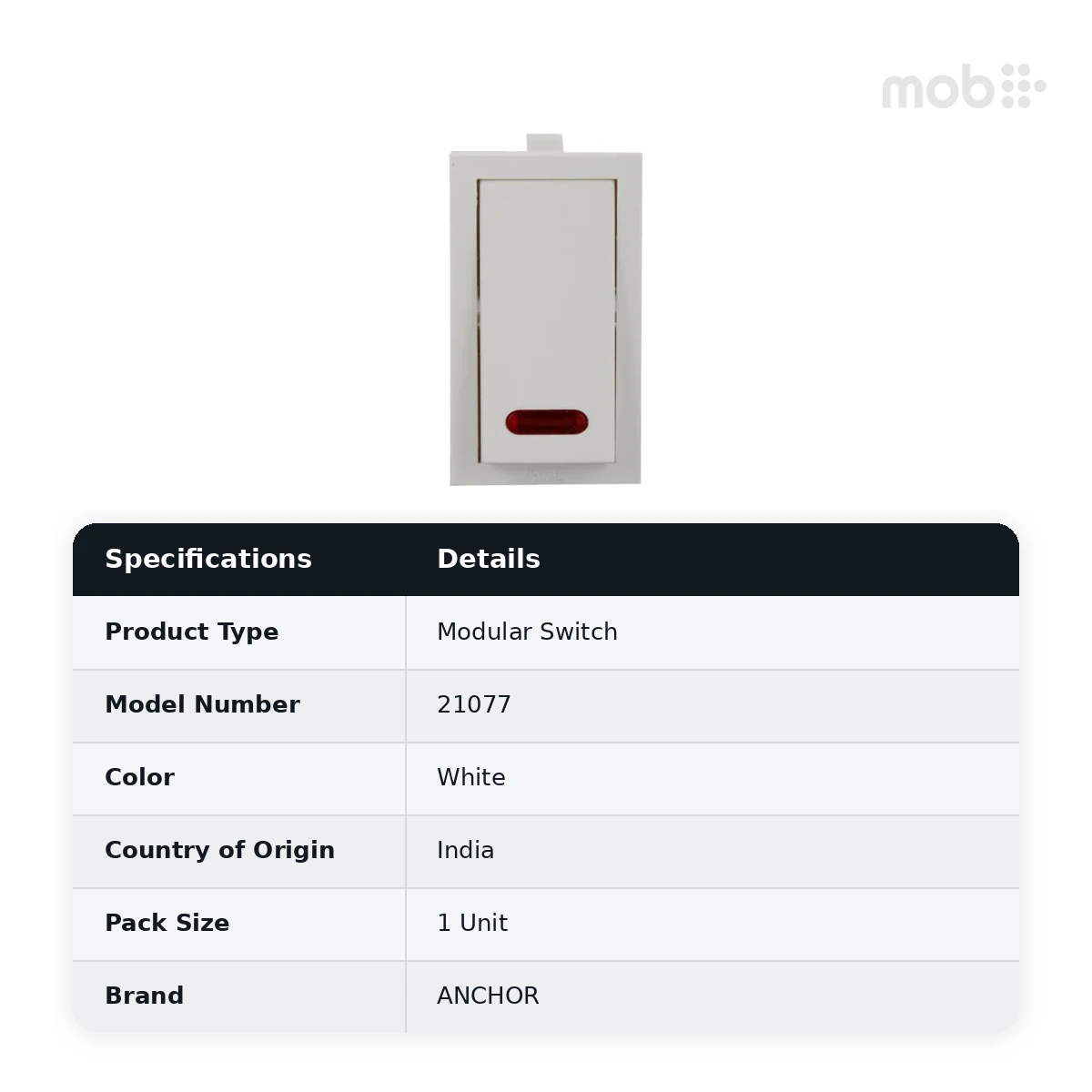Anchor by Panasonic Roma 20A 1-Way Modular Switch with Neon Indicator, White, Code: 21077 - image 2