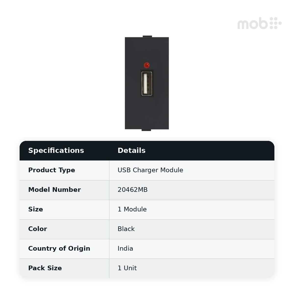 Anchor by Panasonic Roma 2.1A Single-Port USB Charger Module, 1 Module, Black, Code: 20462MB - image 2