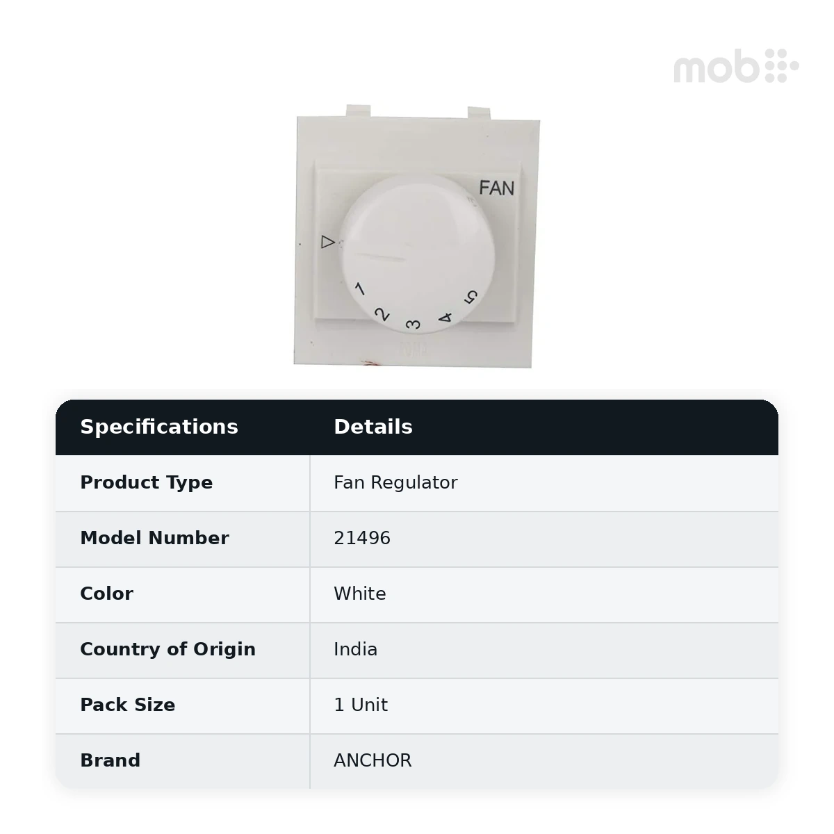 Anchor by Panasonic Roma Dura EME 100W Step Fan Regulator, White, Code: 21496