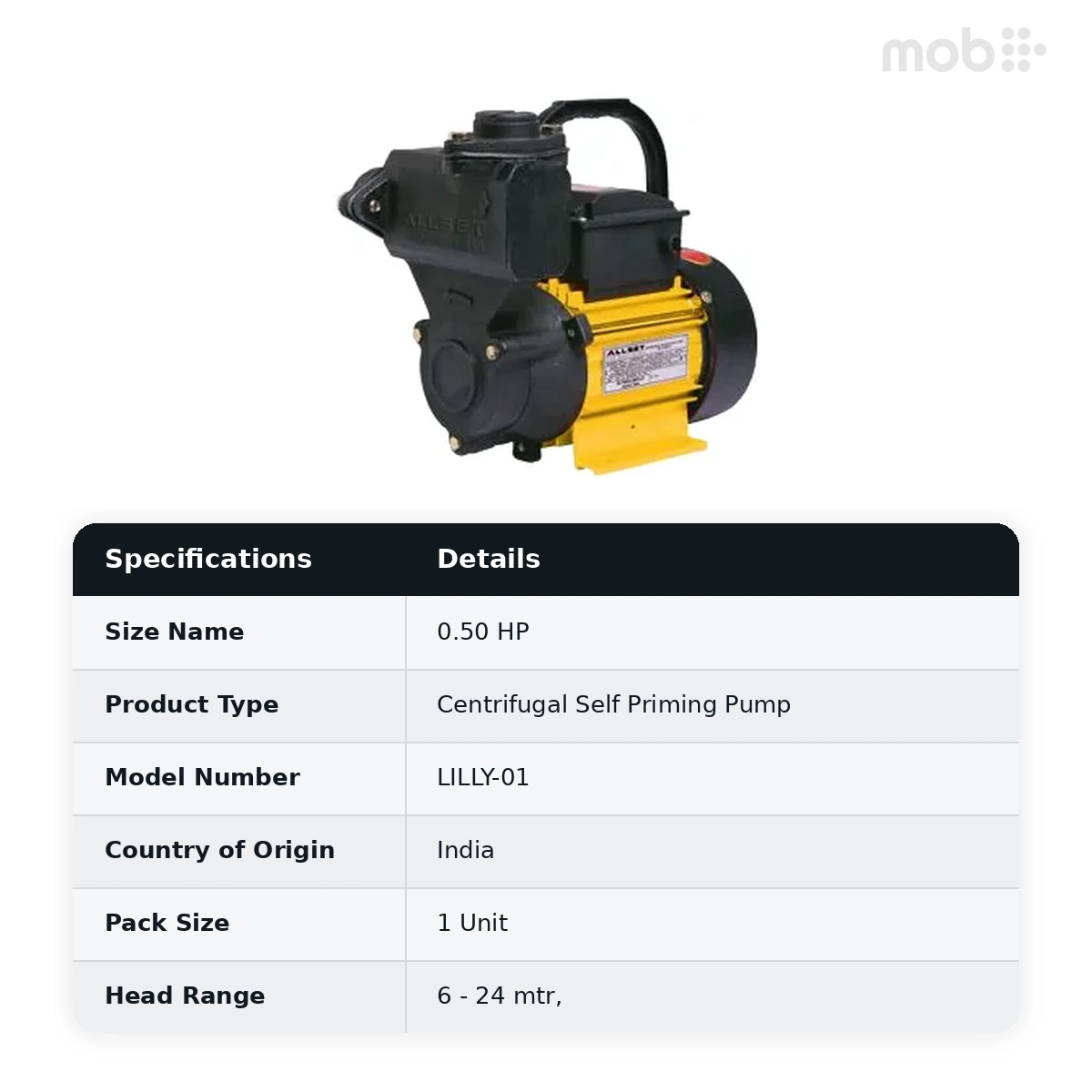 Allset Centrifugal Self Priming Pump 0.50 HP Head Range 6 - 24 mtr Size 25 x 25 mm code: LILLY-01 - image 2