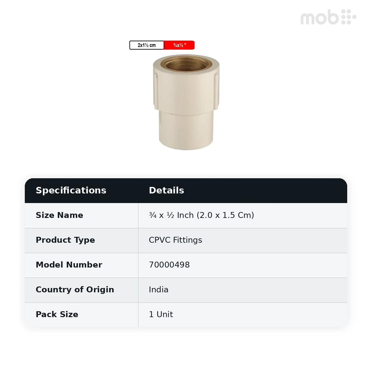 Ashirvad CPVC Fitting ¾ x ½ Inch (2.0 x 1.5 Cm) Reducing Female A dapter Brass Threaded - FABT 70000498 - image 2