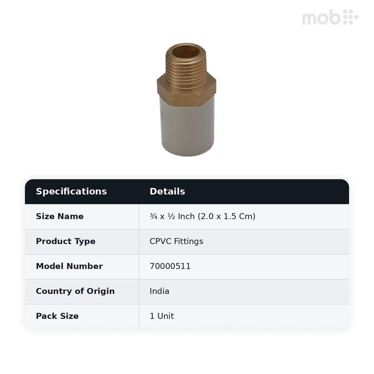 Ashirvad CPVC Fitting ¾ x ½ Inch (2.0 x 1.5 Cm) Reducing Male Adapter Brass Threaded - MABT 70000511 - image 2