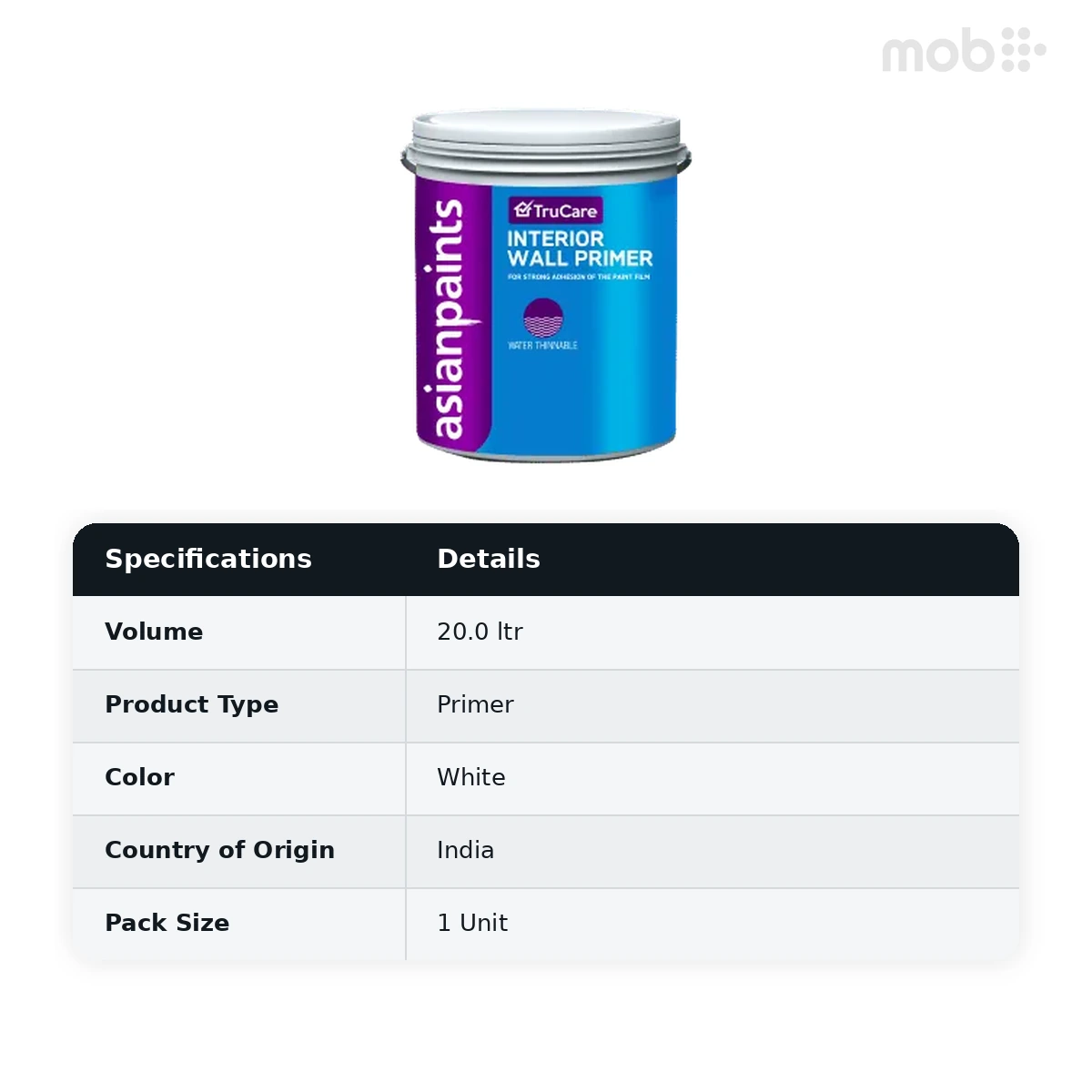 Asian Paints TruCare Interior Wall Primer - Water Thinnable
20 Liters - image 4