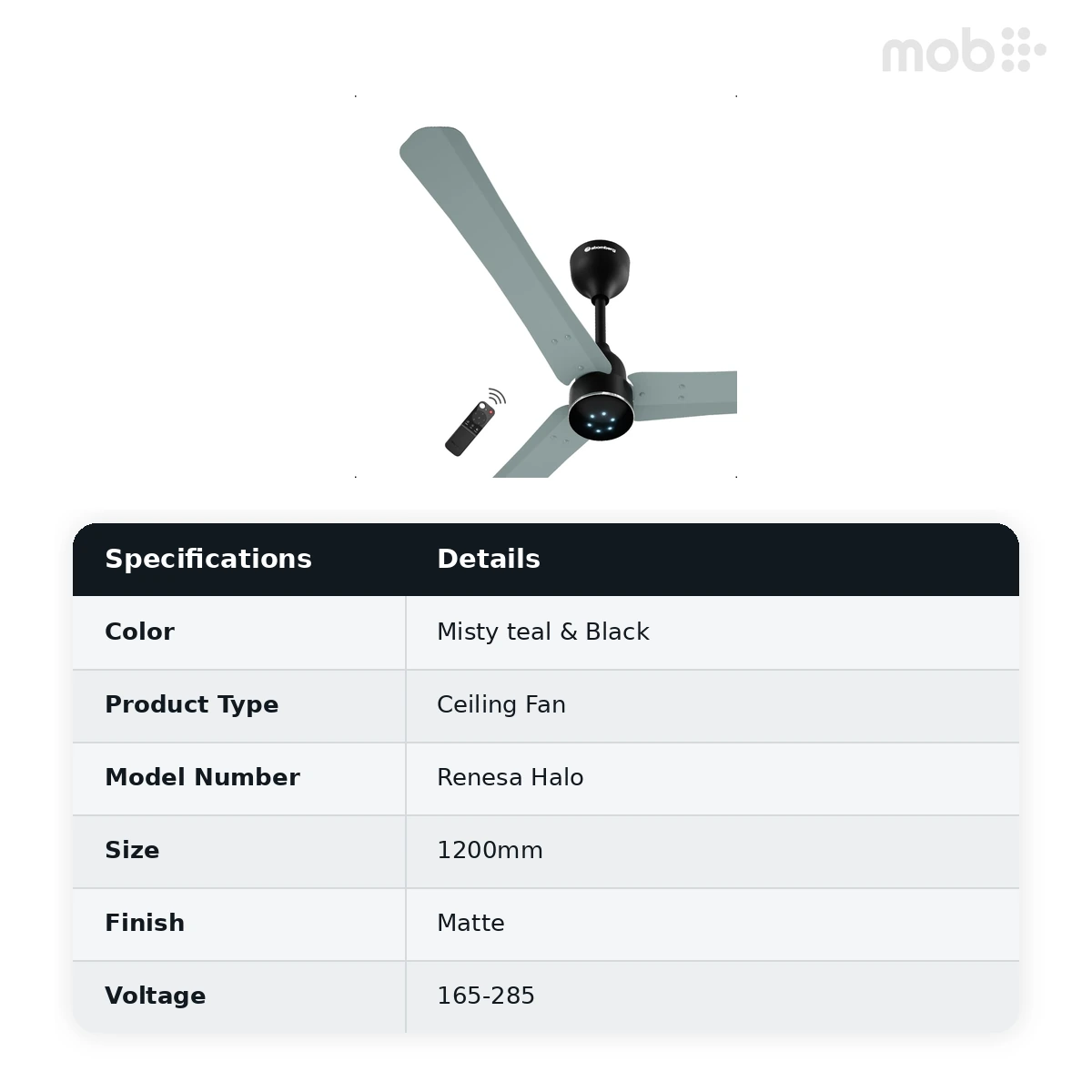 Atomberg Ceiling Sleek Fan Renesa Halo smart Fan with Remote 1200mm colour: Misty Teal & Black  - image 2