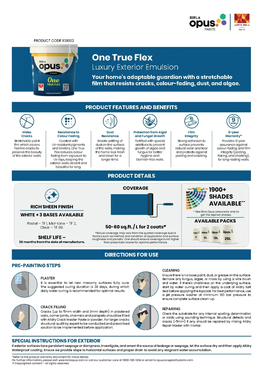 Birla Opus One True Flex Luxury Exterior Emulsion Paint White 1 L - image 2