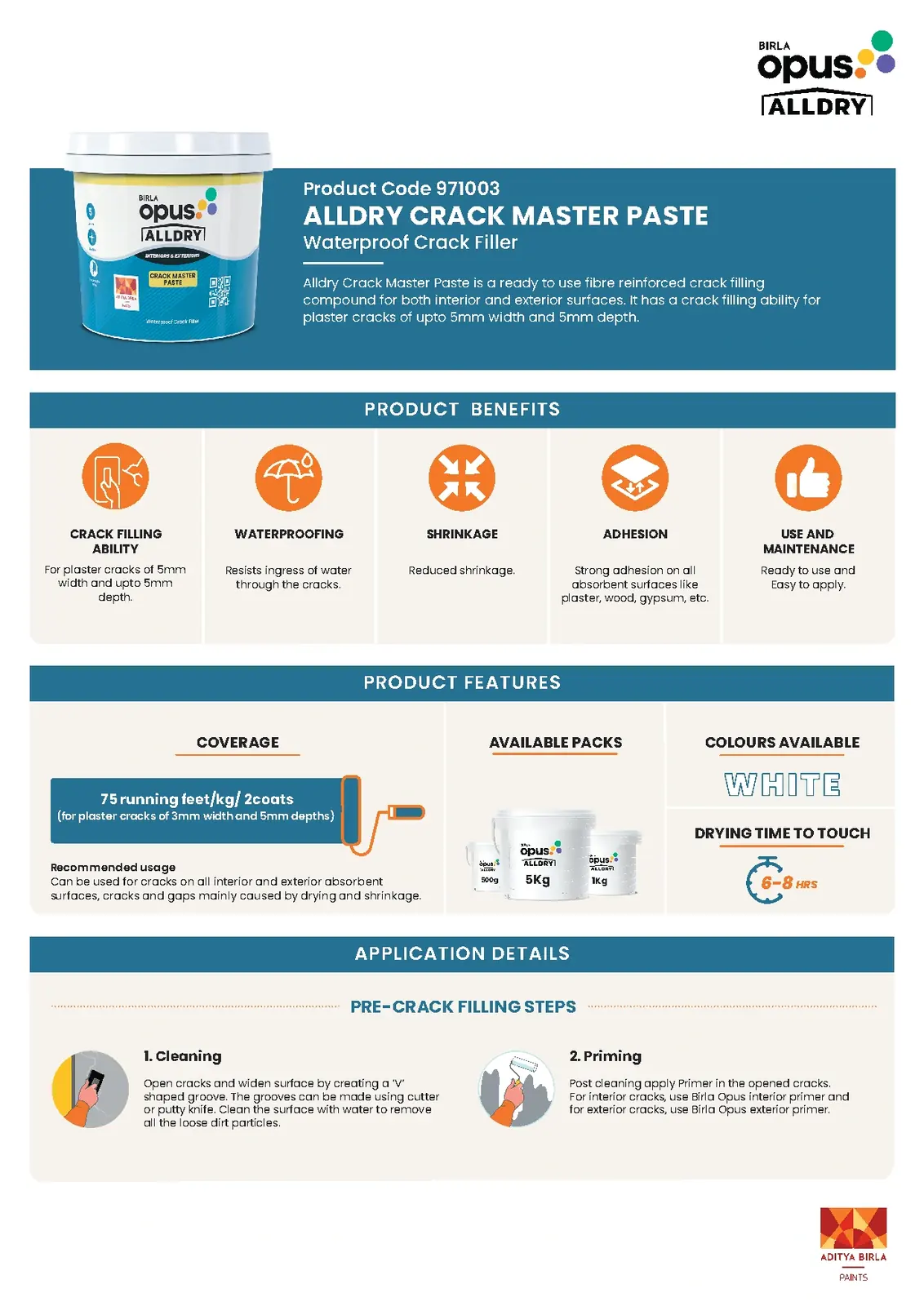 Birla Opus AllDry Crack Master Paste Ready-to-Use Crack Filler White 0.5 kg