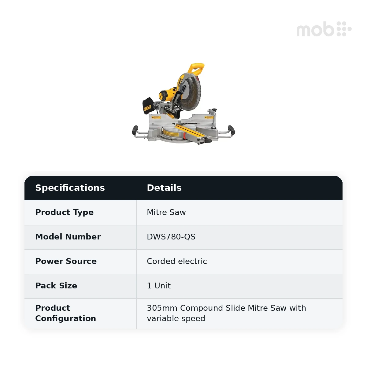 DEWALT 305mm Compound Slide Mitre Saw with variable speed, Code: DWS780-QS - image 2