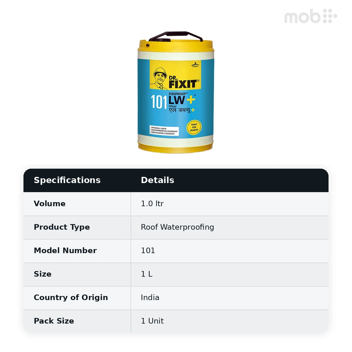 Dr. Fixit 101 Pidiproof LW+ Integral Liquid Waterproofing Compound for Concrete & Plaster, 1 L - image 2