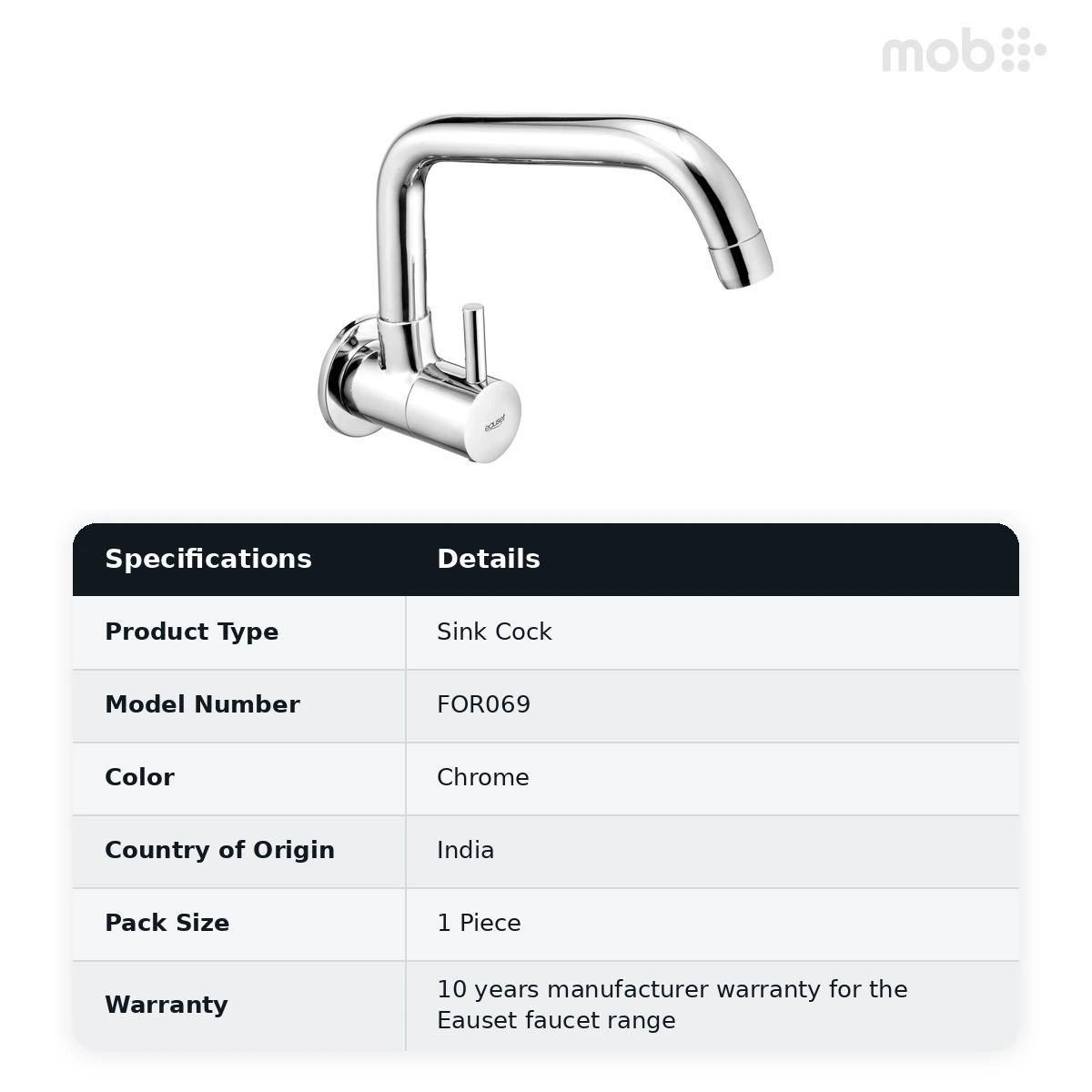 Eauset Orne Sink Cock with Swinging Spout (Extended) - Wall Mounted Chrome Code: FOR069 - image 2