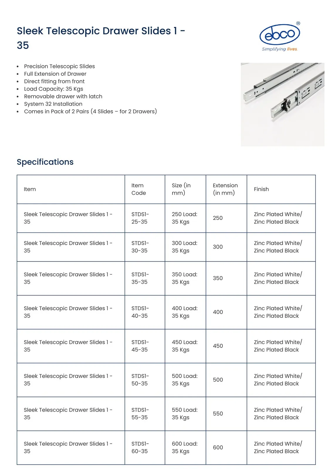 Ebco Hardware Sleek Telescopic Drawer Slide, 450 mm length, 35 kg load, regular close, zinc-plated white finish, Code: STDS1-45-35