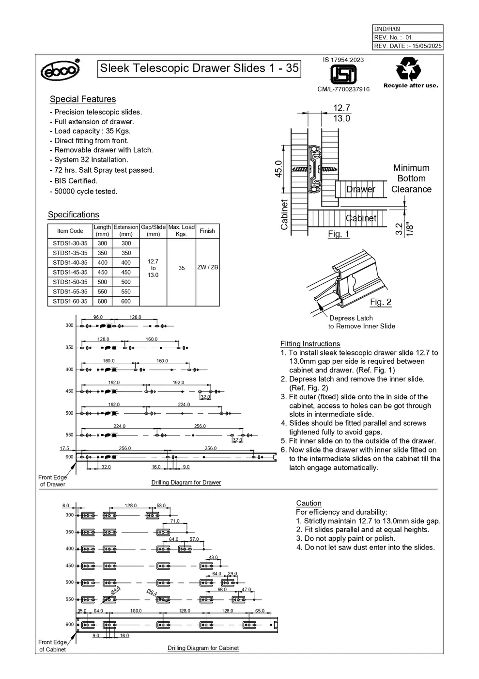 Ebco Hardware Sleek Telescopic Drawer Slide, 600 mm length, 35 kg load, regular close, zinc-plated white finish, Code: STDS1-60-35 - image 3