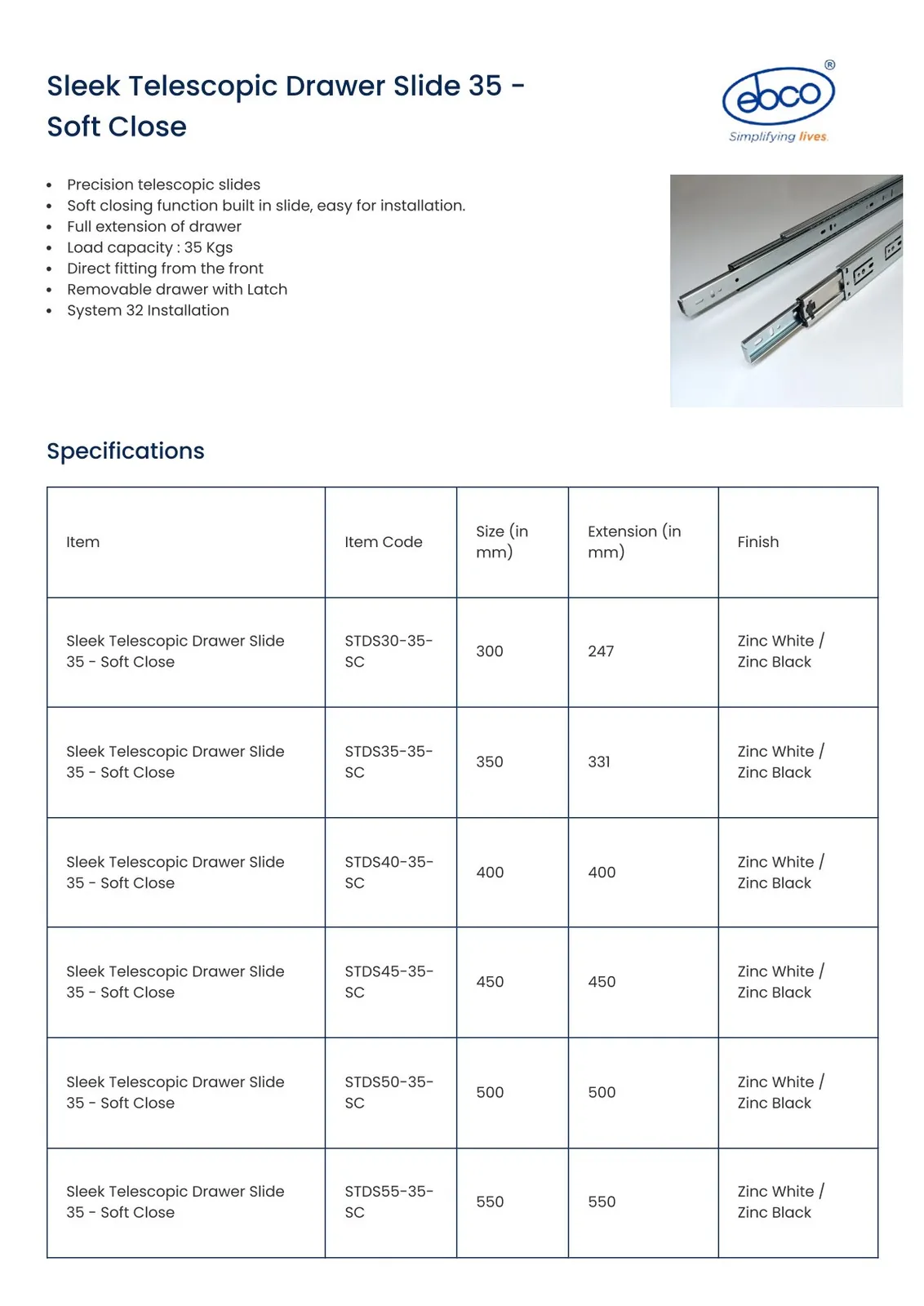 Ebco Hardware Sleek Telescopic Drawer Slide, 450 mm length, 35 kg load, soft close, zinc-plated white finish, Code: STDS45-35-SC