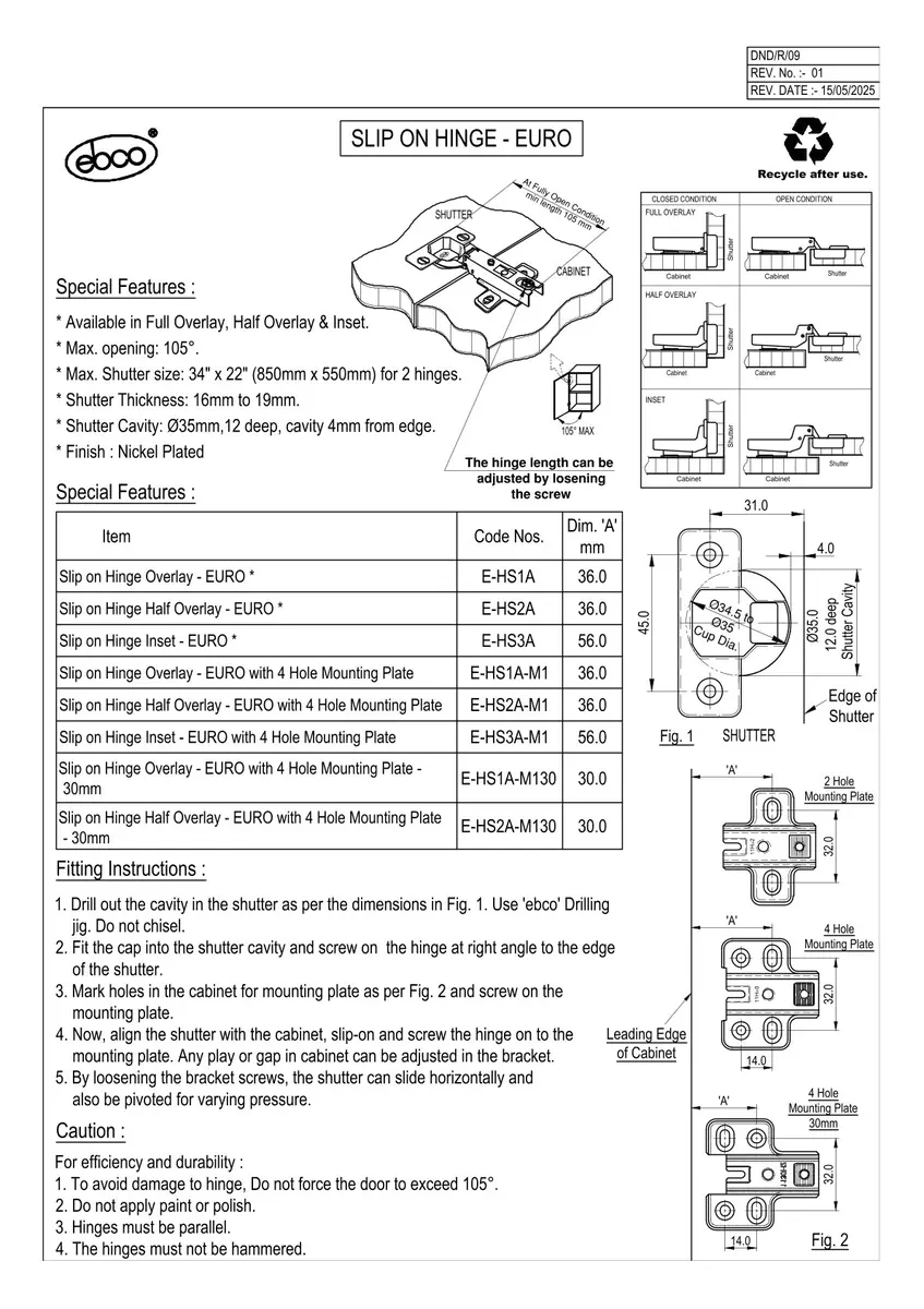 Ebco Hardware Slip-On Hinge Euro (A), Half Overlay, 8 mm Crank, 35 mm cup, regular close, nickel-plated finish, Code: E-HS2A - image 3