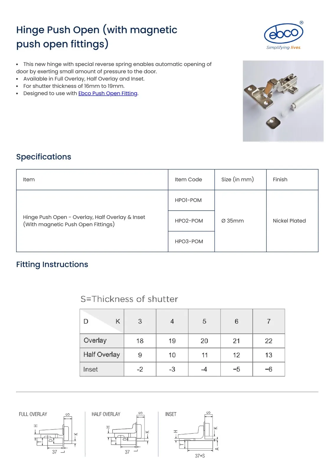 Ebco Hardware Push-Open Hinge with Magnetic Fitting, Half Overlay, 8 mm Crank, 35 mm cup, push open, nickel-plated finish, Code: HPO2-POM - image 2