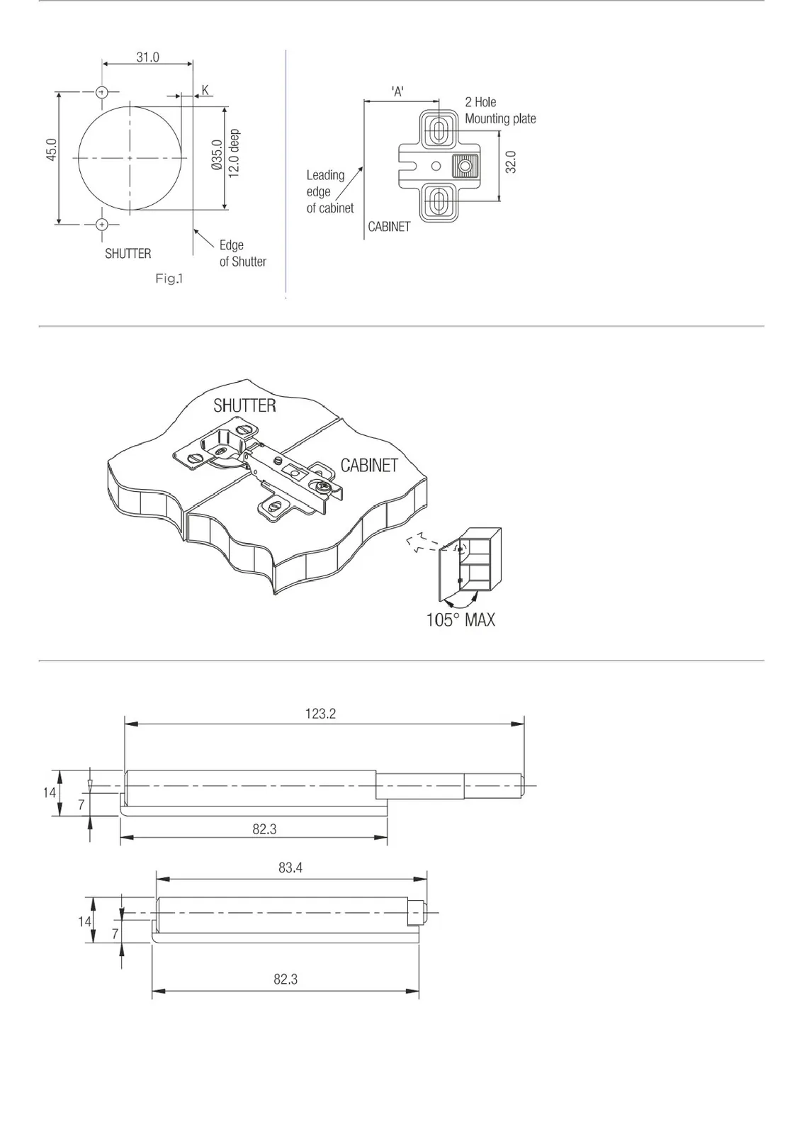 Ebco Hardware Push-Open Hinge with Magnetic Fitting, Half Overlay, 8 mm Crank, 35 mm cup, push open, nickel-plated finish, Code: HPO2-POM - image 3