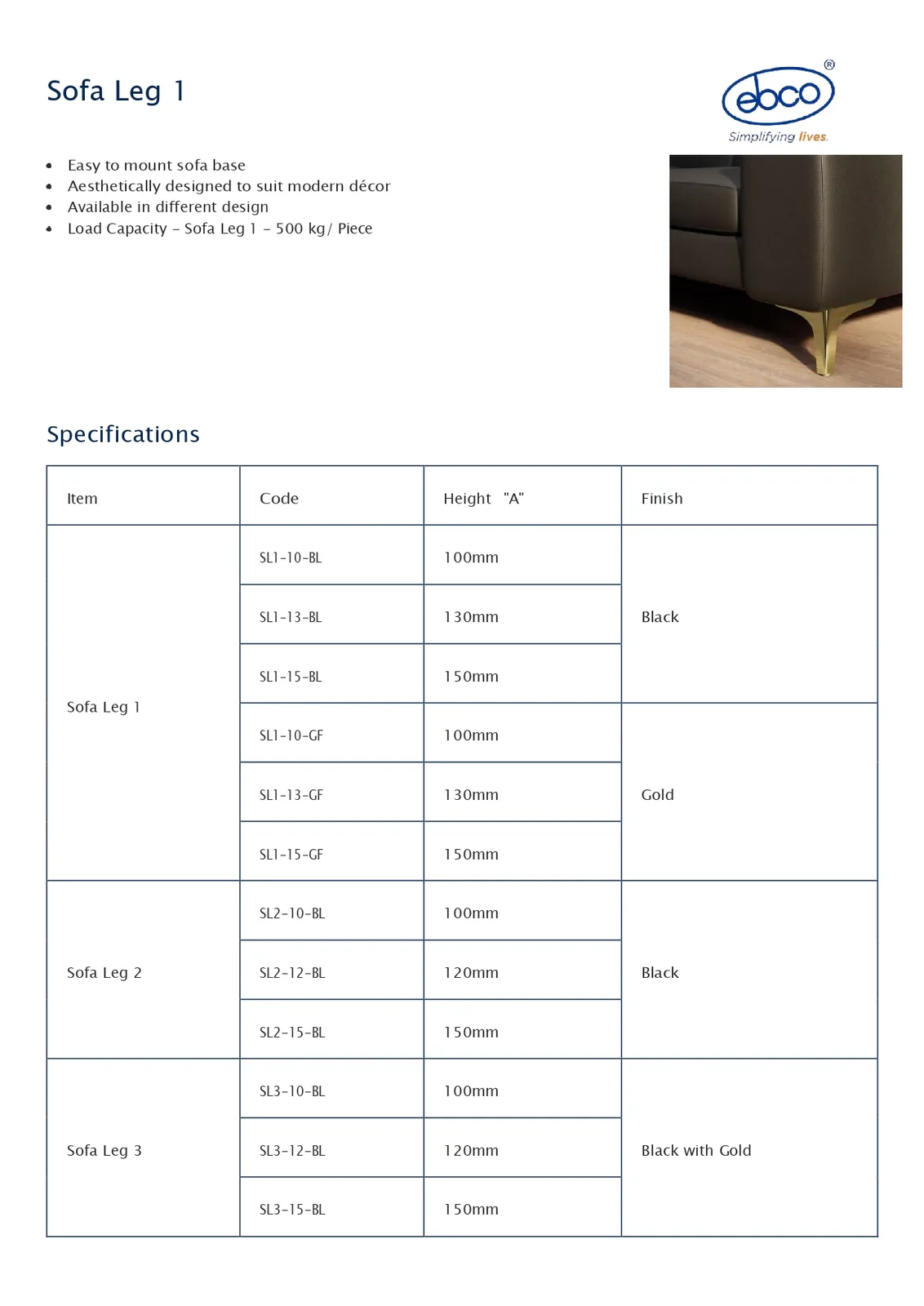 Ebco Hardware Sofa Leg 1, 120 x 120 x 130 x 1.8 mm, Black finish, Code: SL1-13-BL - image 2