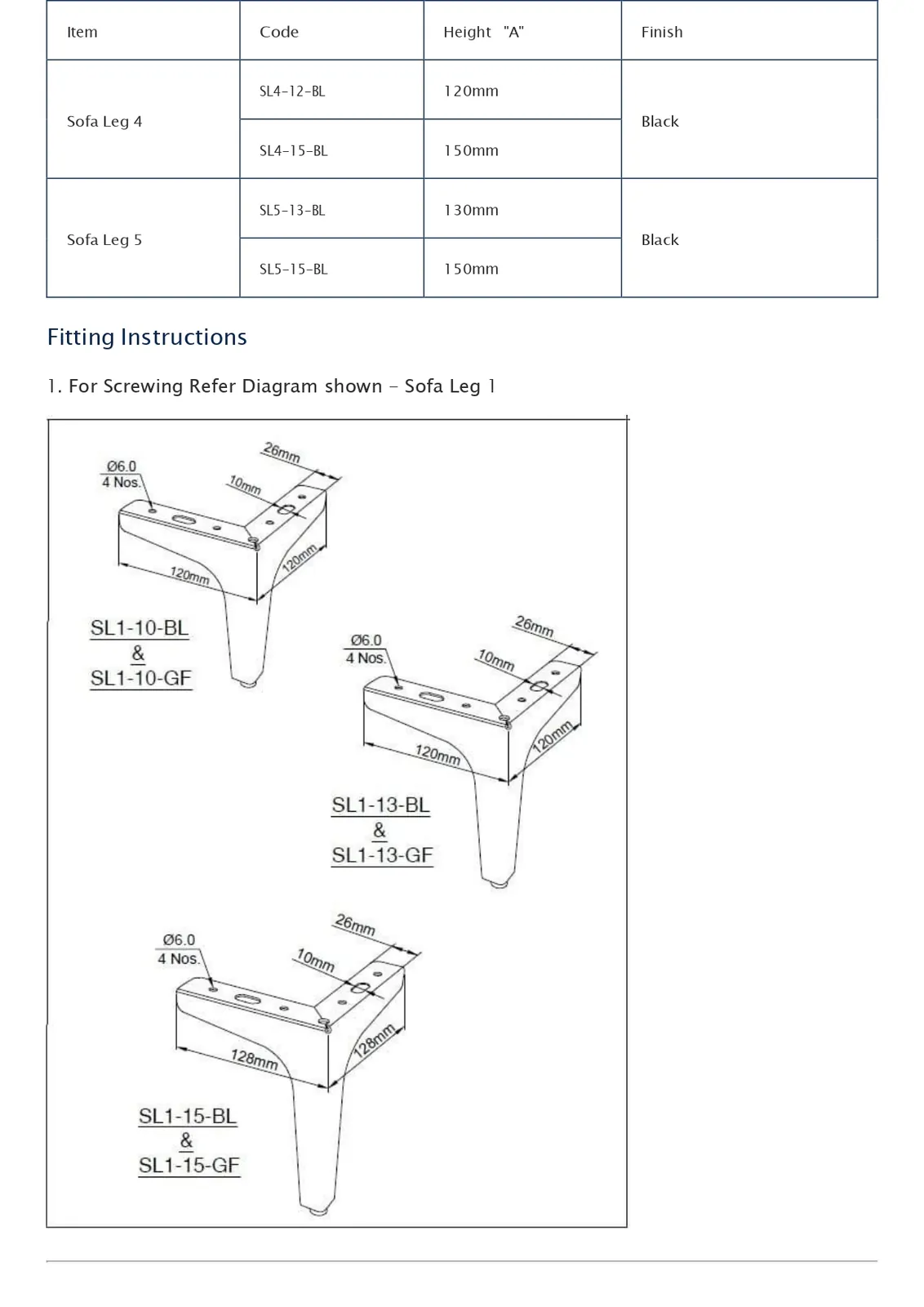 Ebco Hardware Sofa Leg 1, 120 x 120 x 130 x 1.8 mm, Black finish, Code: SL1-13-BL - image 3