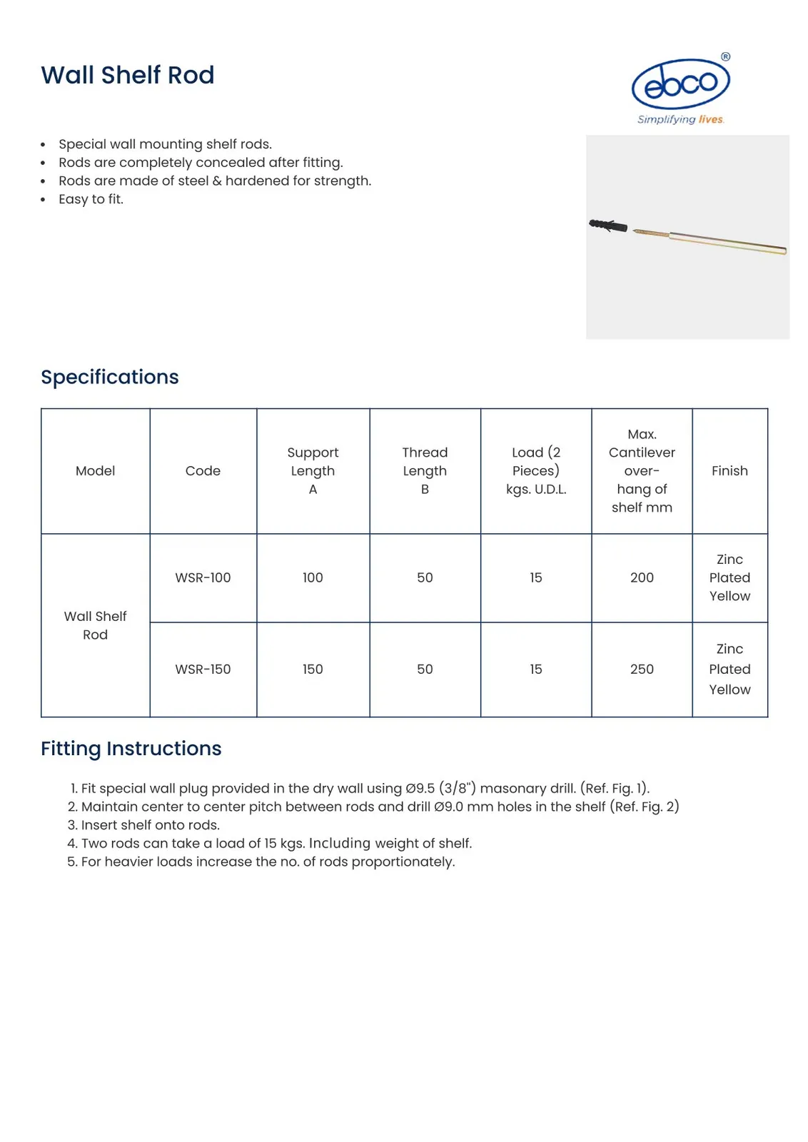 Ebco Hardware Wall Shelf Rod, 150 mm support length, zinc-plated yellow finish, Code: WSR-150 - image 2