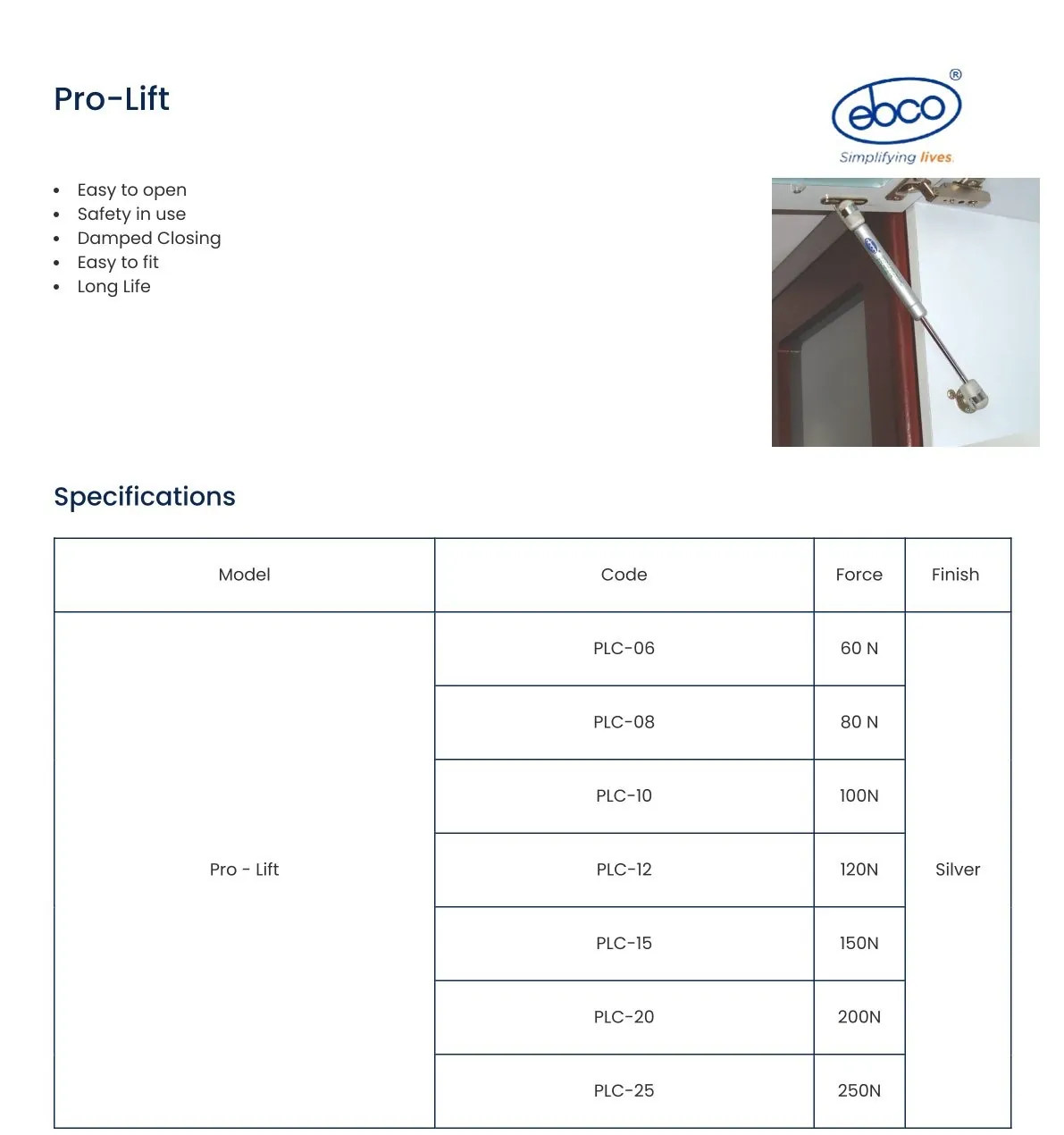 Ebco Hardware Pro-Lift Cabinet Support, 100 N force, silver finish, Code: PLC-10
