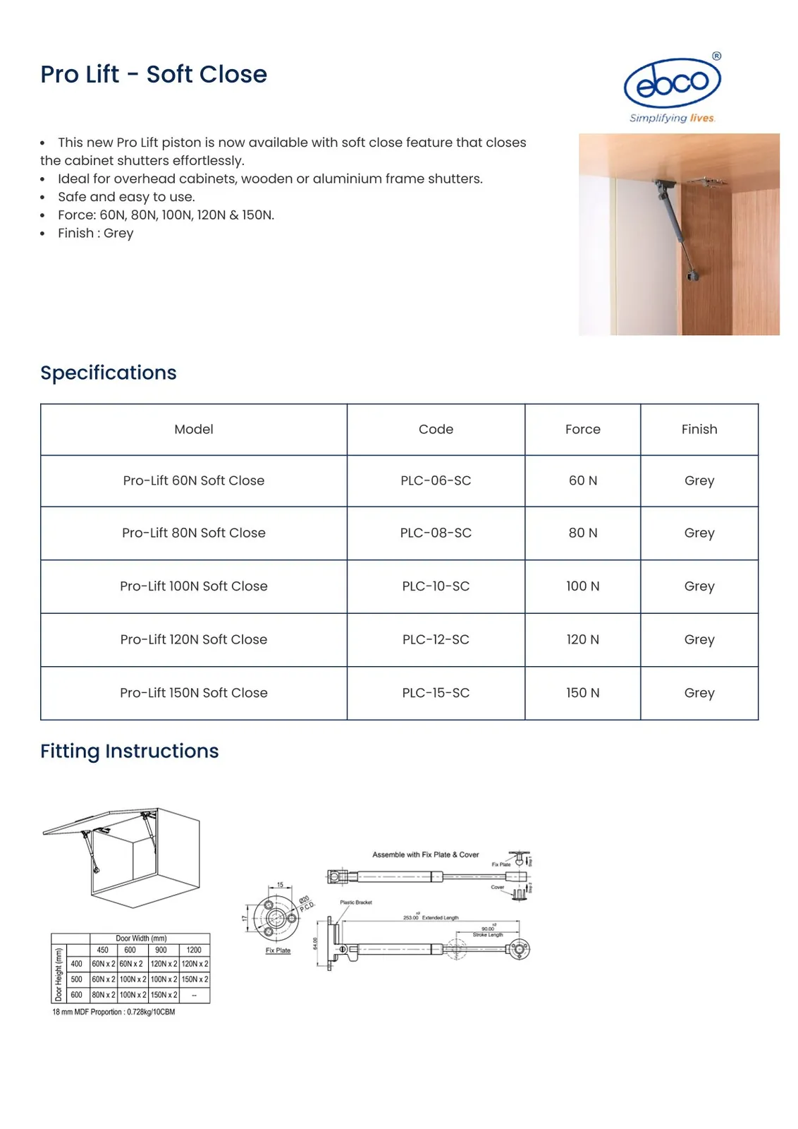 Ebco Hardware Pro-Lift Cabinet Support, 150 N force, grey finish, soft close, Code: PLC-15-SC - image 2