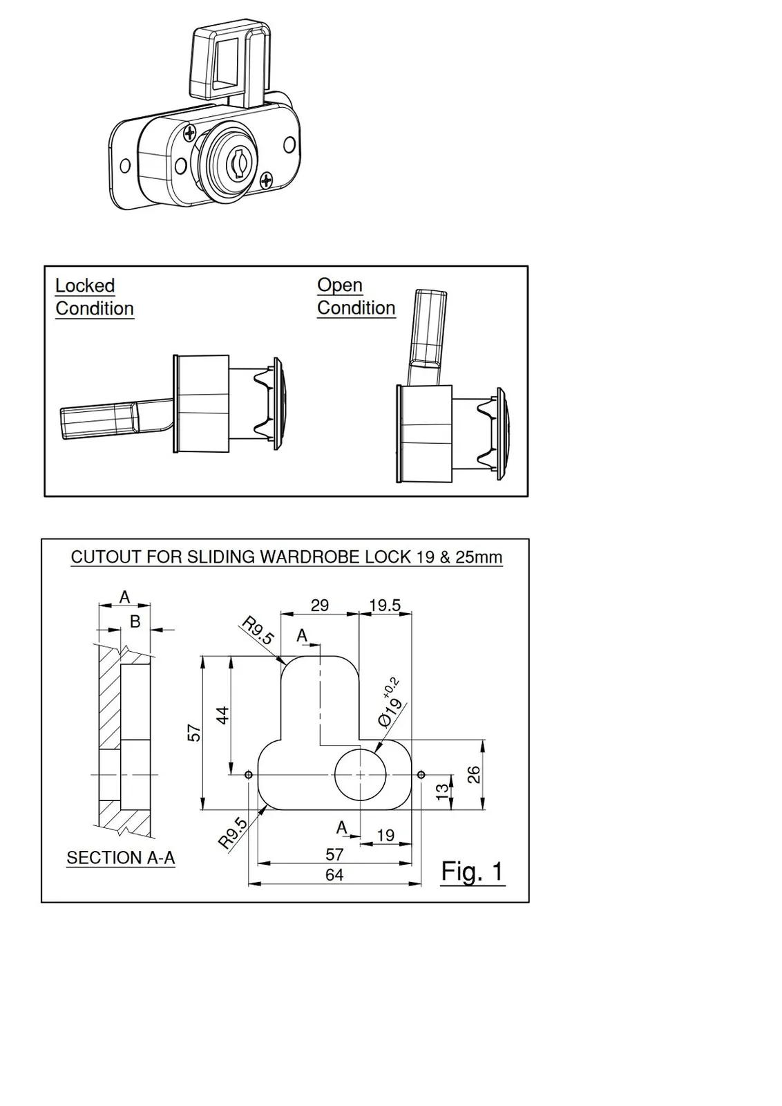 Ebco Hardware Sliding Wardrobe Lock, for 25 mm shutter thickness, nickel-plated finish, Code: P-WLS1-25 - image 4
