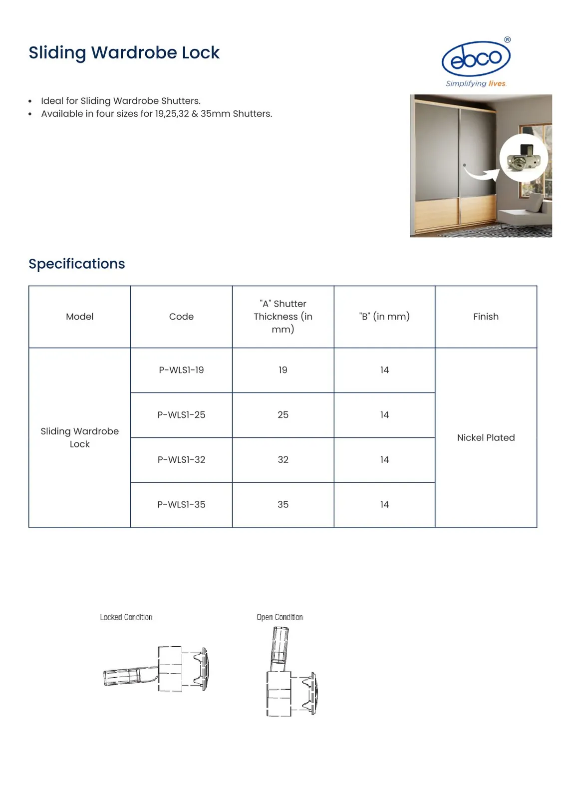 Ebco Hardware Sliding Wardrobe Lock, for 35 mm shutter thickness, nickel-plated finish, Code: P-WLS1-35 - image 2