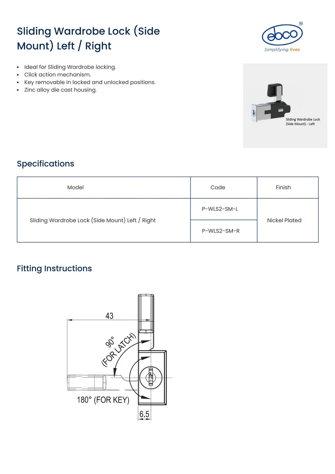 Ebco Hardware Side-Mount Sliding Wardrobe Lock, right-hand side mount, nickel-plated finish, Code: P-WLS2-SM-R