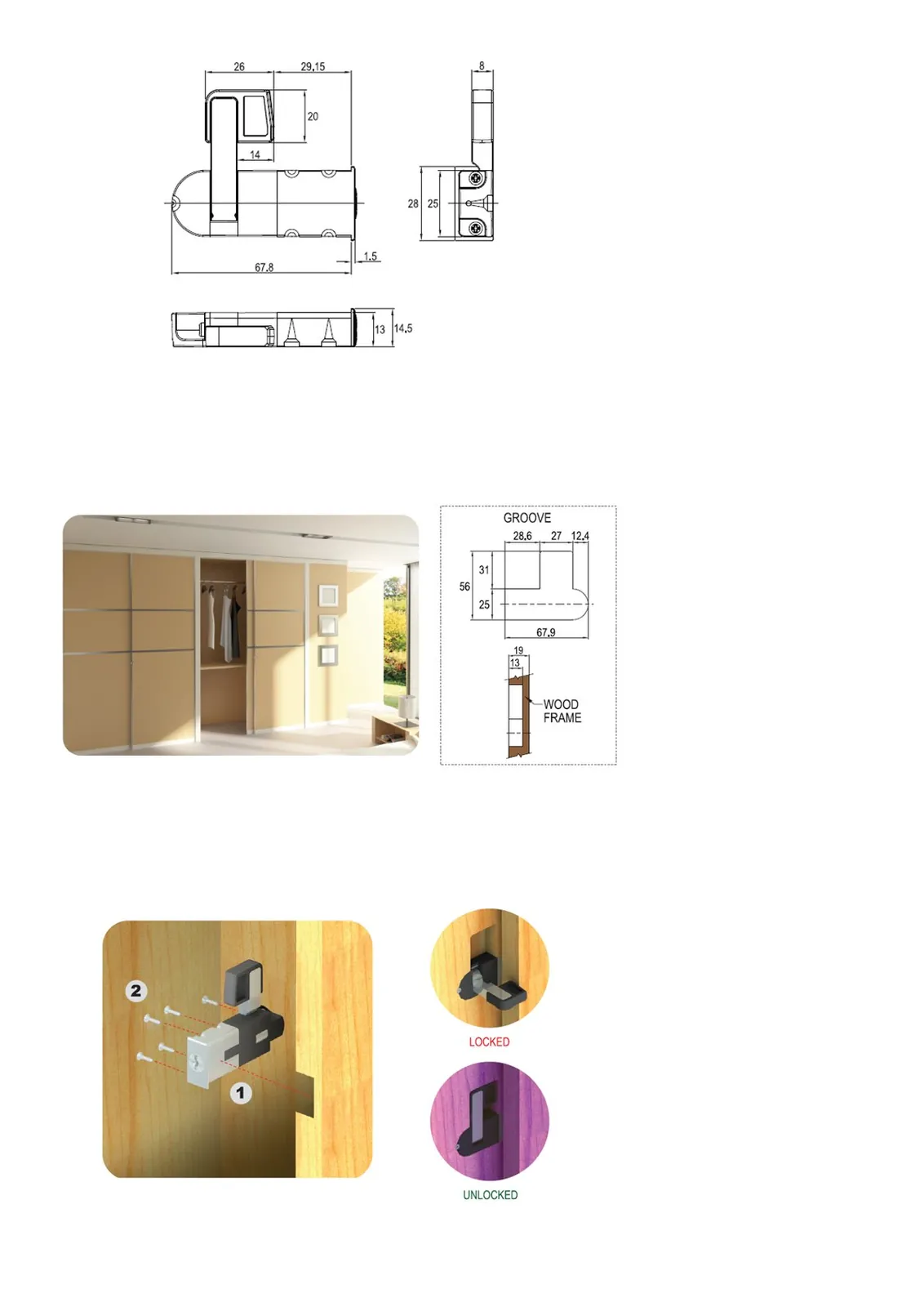 Ebco Hardware Side-Mount Sliding Wardrobe Lock, right-hand side mount, nickel-plated finish, Code: P-WLS2-SM-R