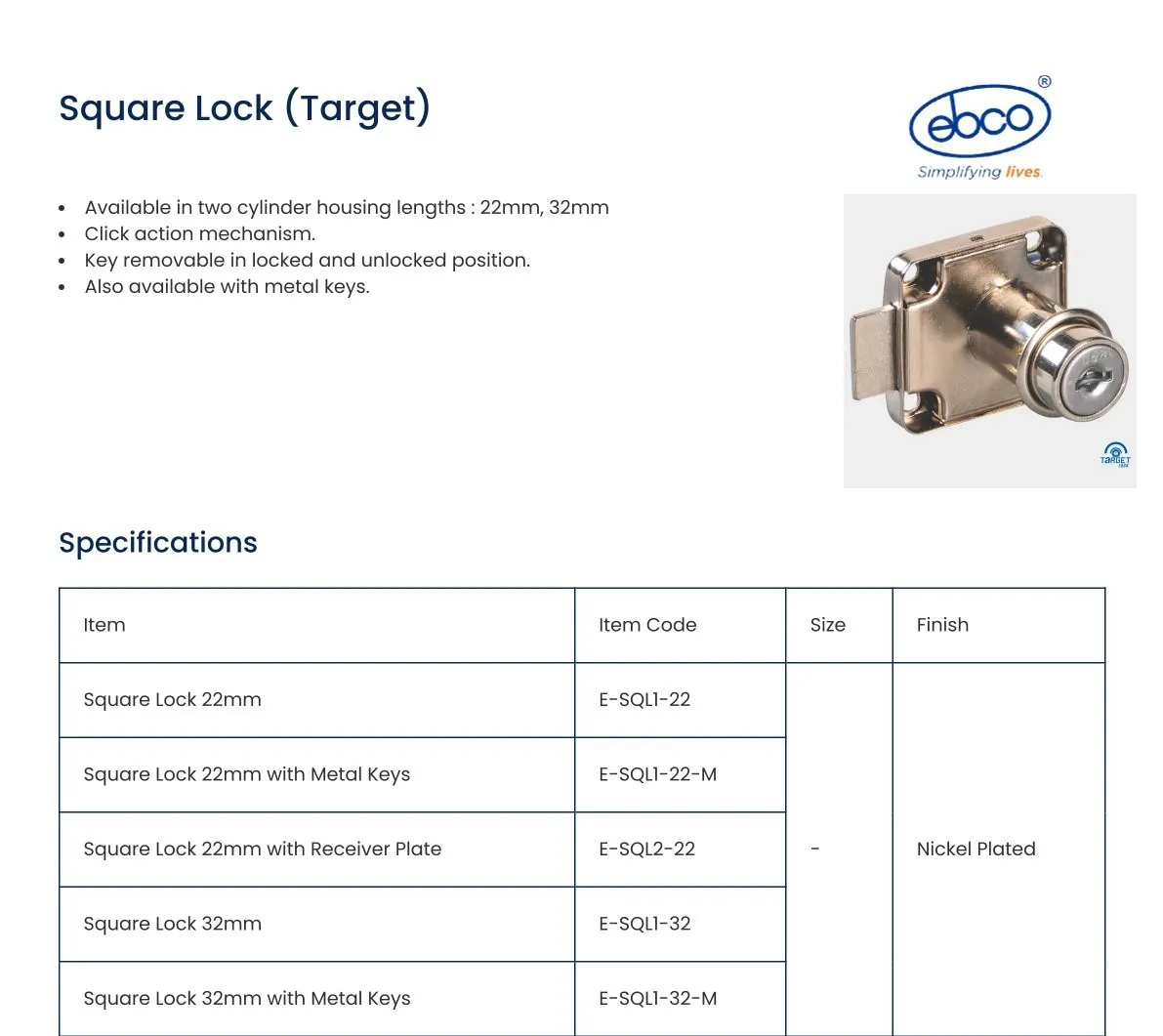 Ebco Hardware Target Square Lock, 32 mm cylinder housing, metal keys, nickel-plated finish, Code: E-SQL1-32-M - image 2