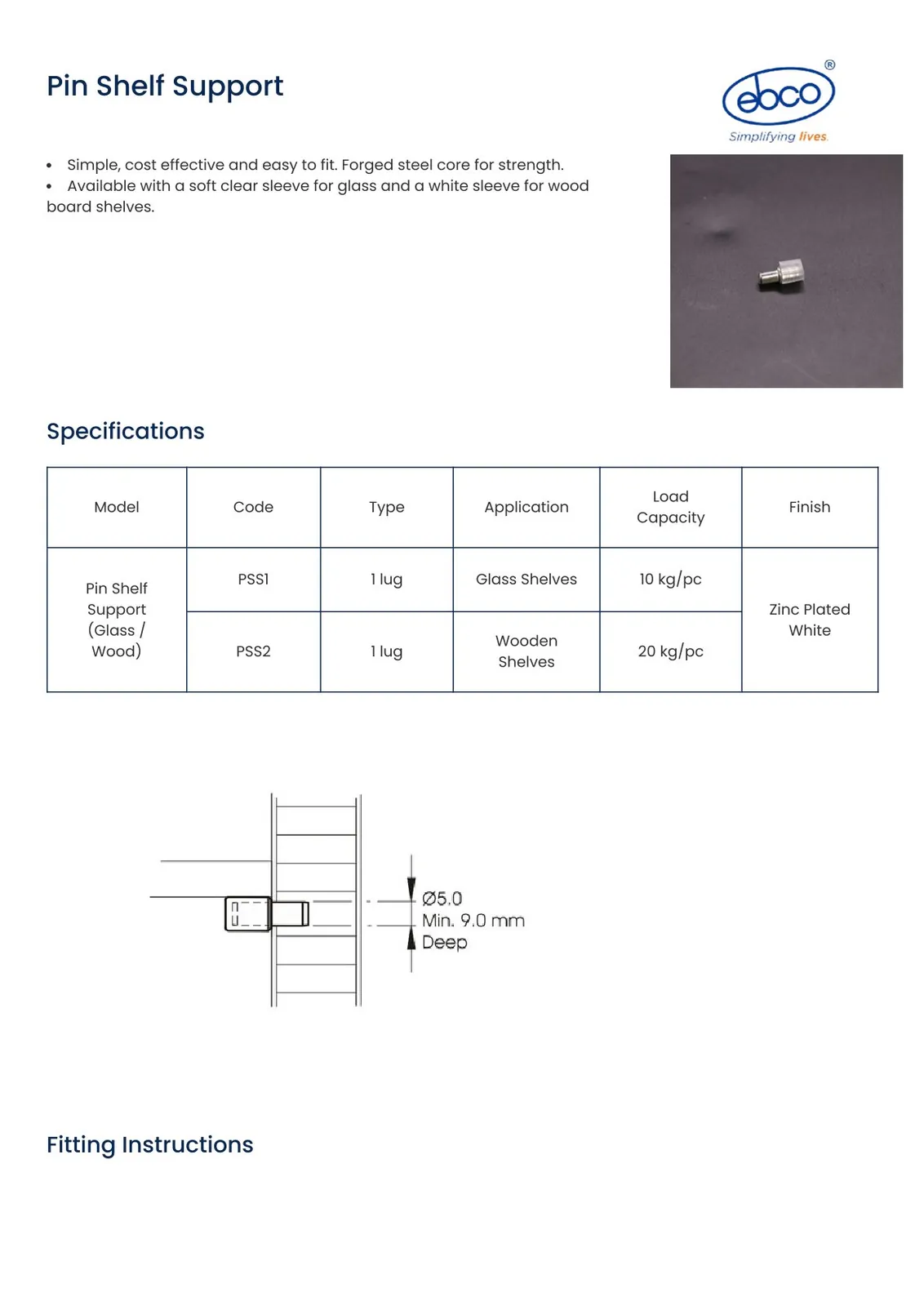 Ebco Hardware Cabinet Shelf Support Pin for Glass Shelves Load Capacity 10Kg(Pack of 2500 Pcs) White Color code: PSS1-2 - image 2