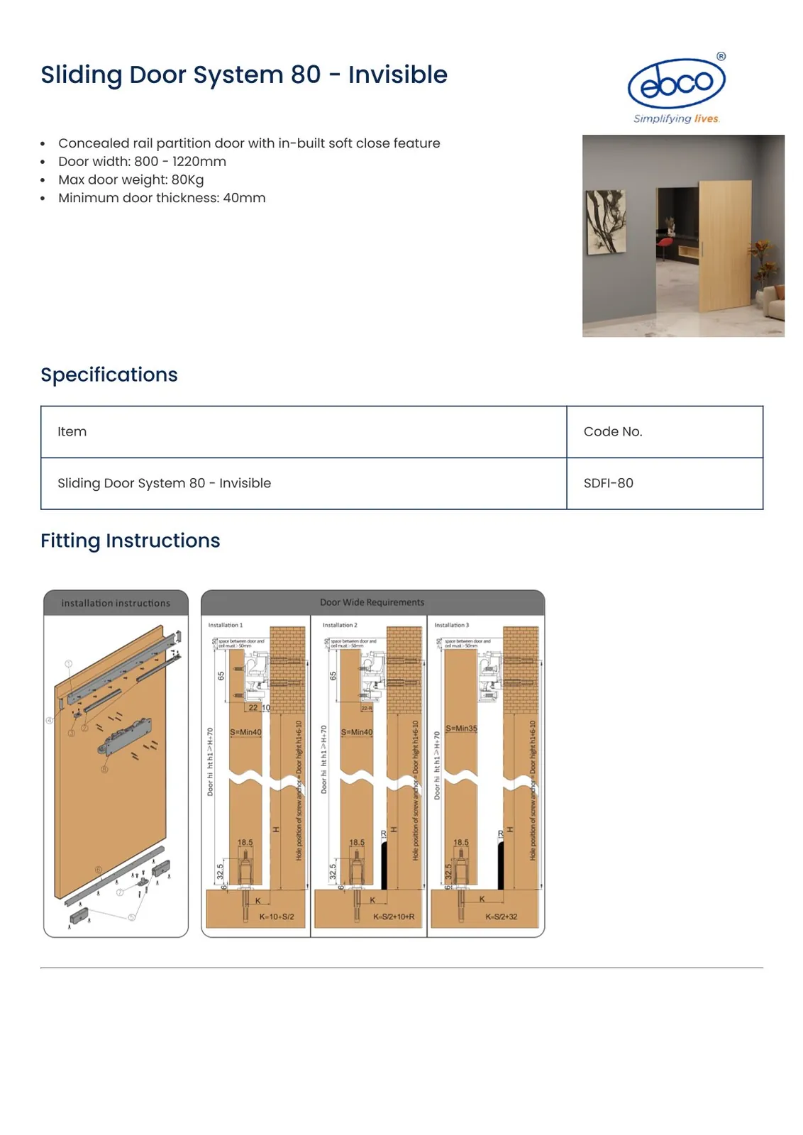 Ebco Hardware Sliding door System 80 Invisible (Including upper rail & down rail 1200mm) Load Capacity 80Kg Silver Color code: SDFI-80 - image 3