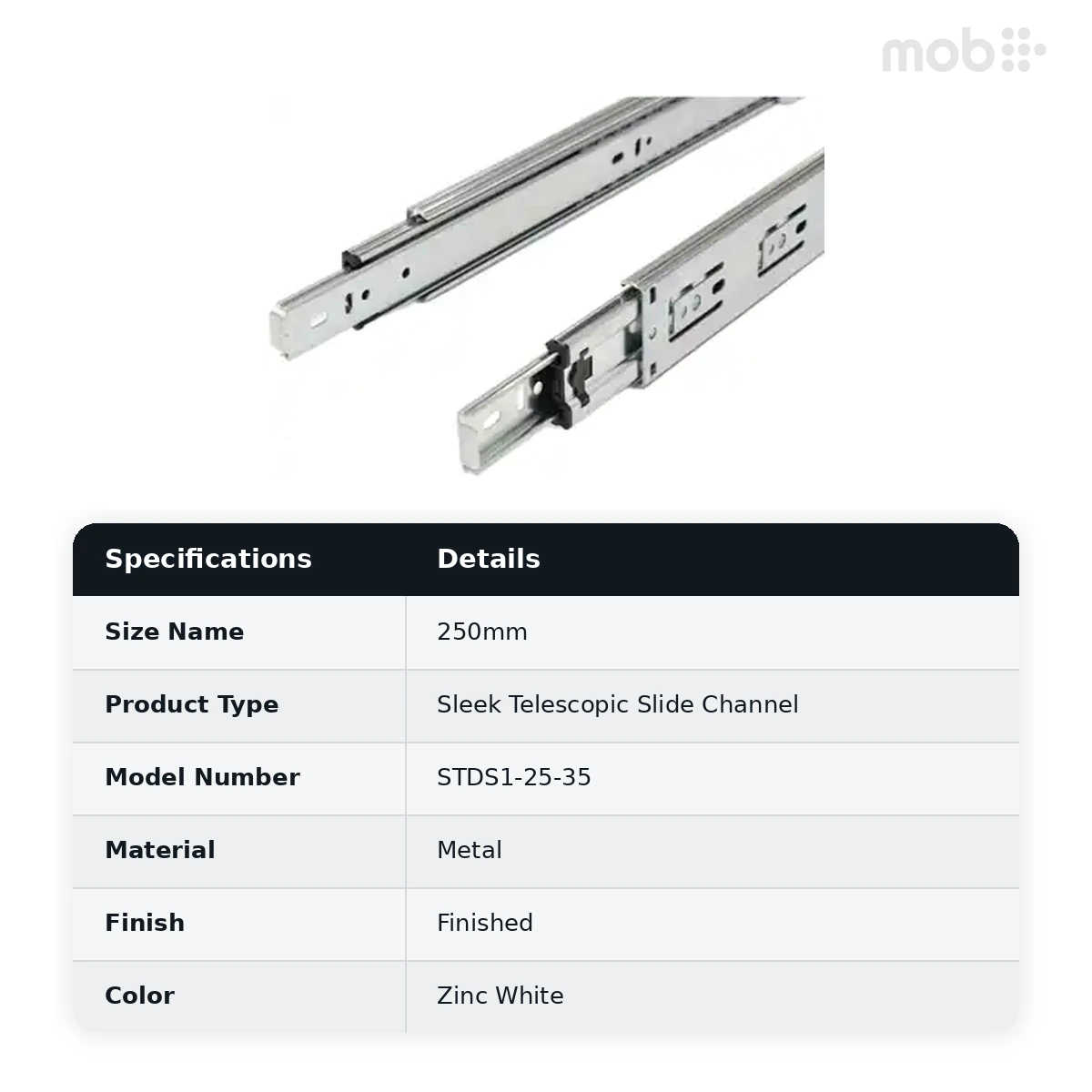 Ebco Hardware Sleek Telescopic Drawer Channel Slides 1-35 Length 250mm Zinc White Color Regular Close code: STDS1-25-35 - image 2