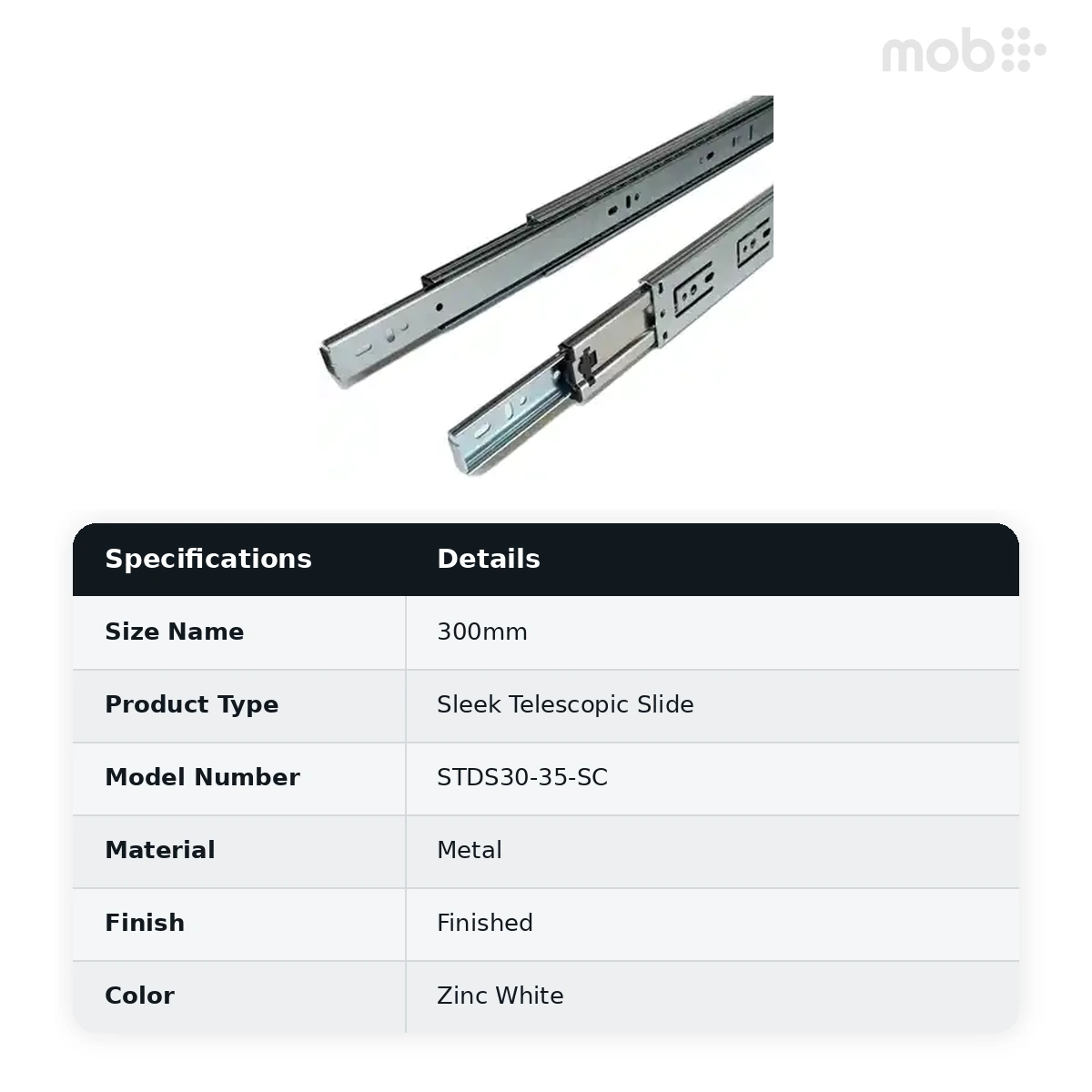 Ebco Hardware Sleek Telescopic Drawer Channel Slides 35kg Load Capacity Soft Close Length 300mm Zinc White Color Soft Close code: STDS30-35-SC - image 2