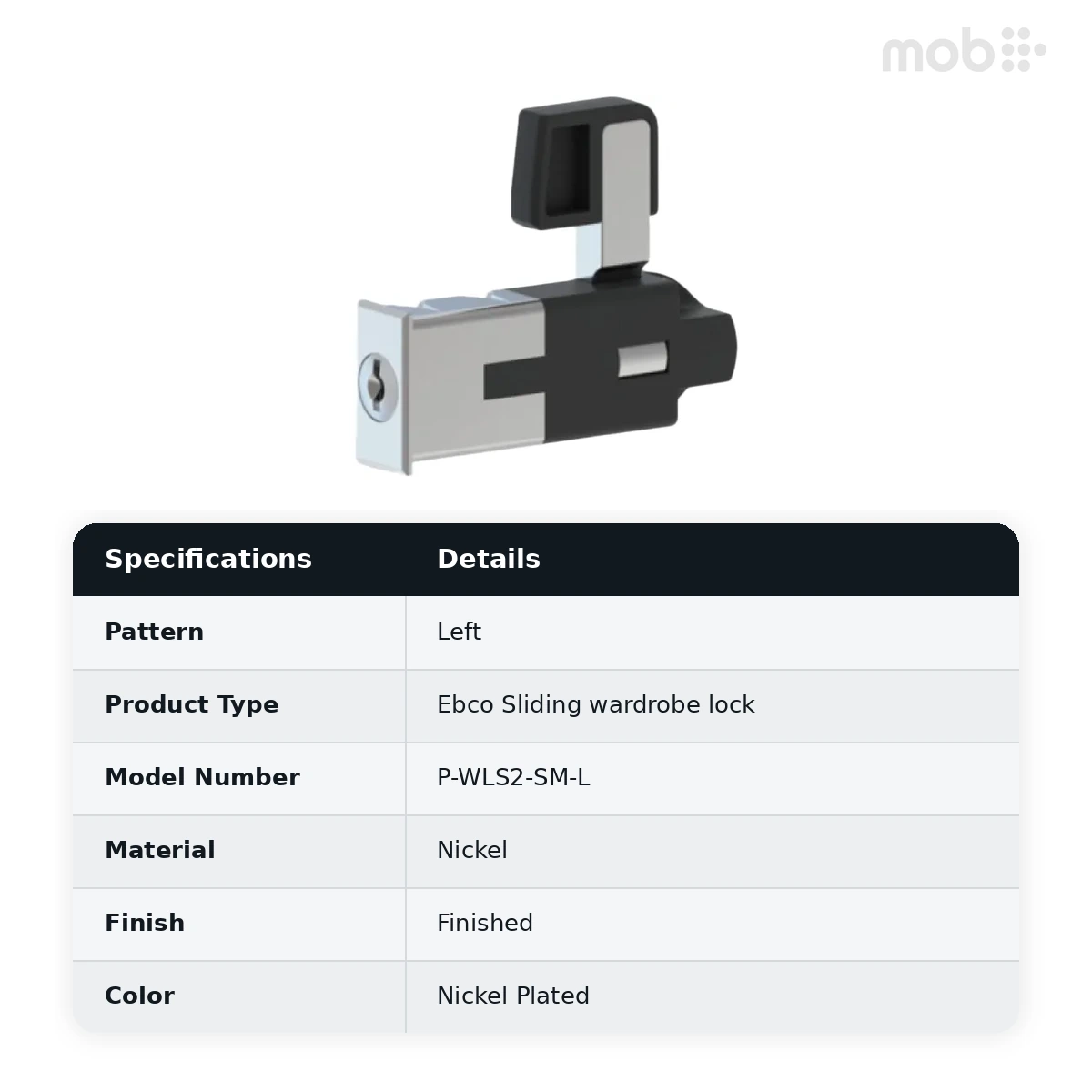 Ebco Hardware Sliding wardrobe lock (Side Mount Left) Nickel Plated Finish code: P-WLS2-SM-L - image 2
