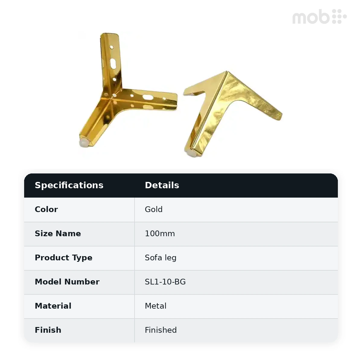 Ebco Hardware Sofa Leg 1, 120 x 120 x 100 x 1.8 mm, Gold finish, Code: SL1-10-BG - image 2