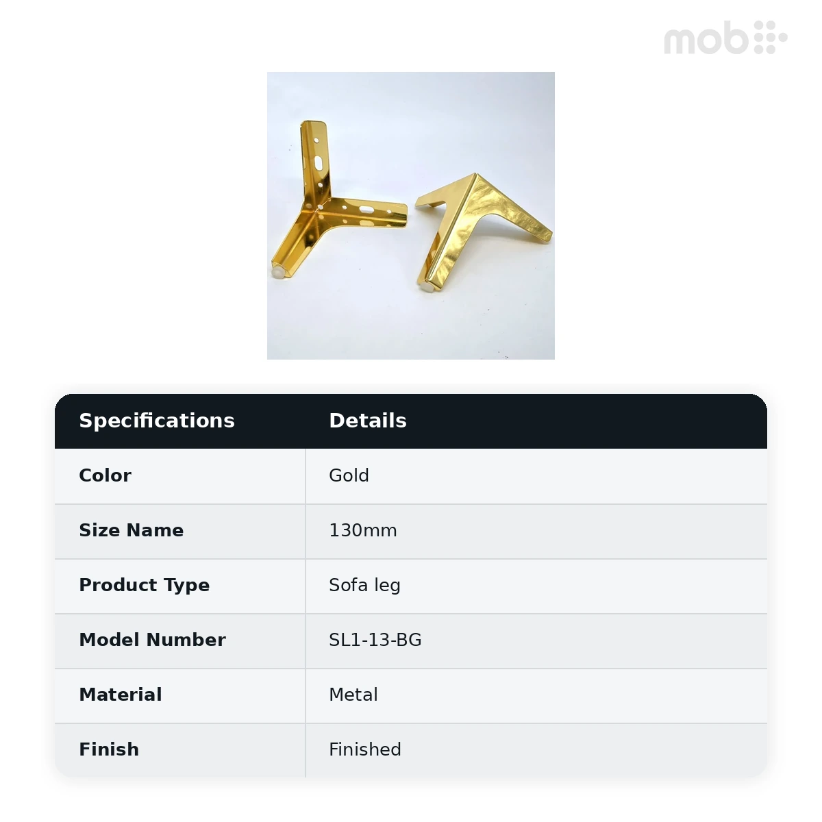 Ebco Hardware Sofa Leg 1, 120 x 120 x 130 x 1.8 mm, Gold finish, Code: SL1-13-BG