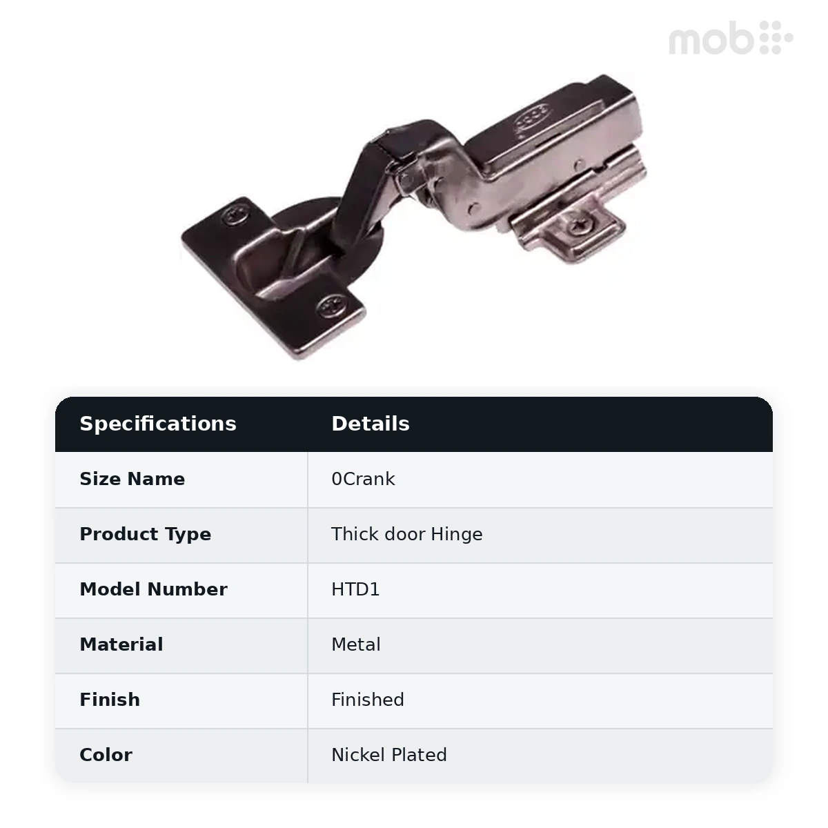 Ebco Hardware Thick door hinge Regular Close Cup Diameter 40mm 0 Crank (Full Overlay) Nickel Plated Finish code: HTD1 - image 2