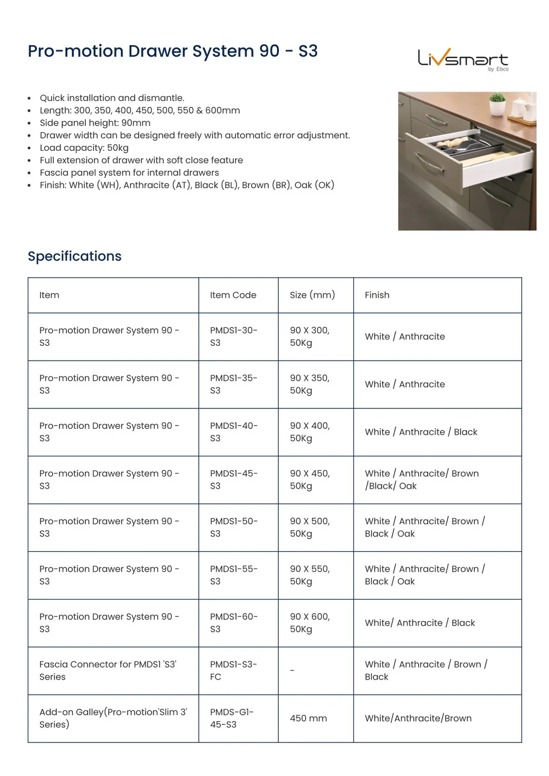 Ebco Livsmart Pro-Motion S3 Drawer System, 90 mm side height x 500 mm length, 50 kg load, anthracite finish, Code: PMDS1-50-S3