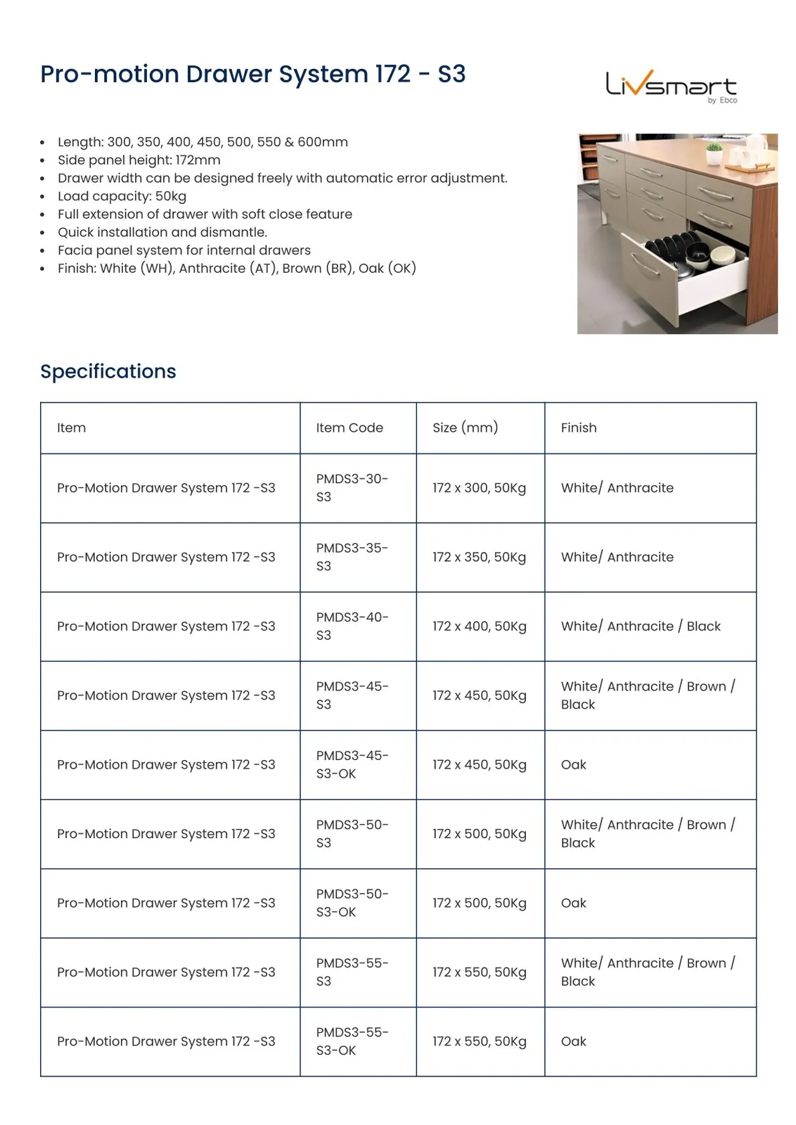 Ebco Livsmart Pro-Motion S3 Drawer System, 172 mm side height x 500 mm length, 50 kg load, anthracite finish, Code: PMDS3-50-S3 - image 2