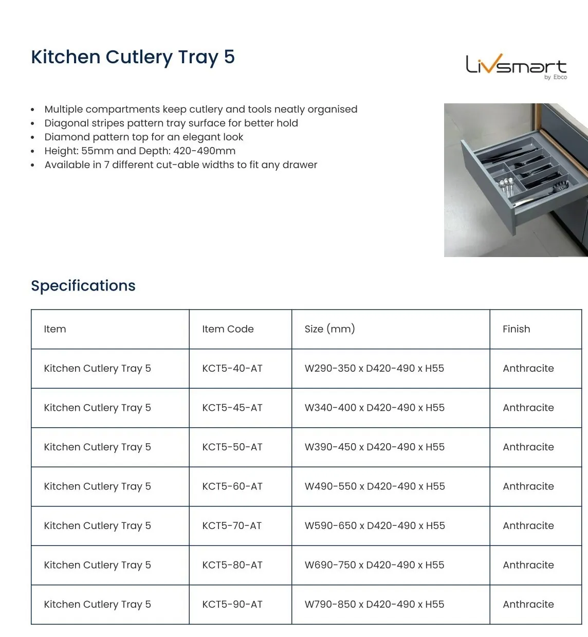 Ebco Livsmart Kitchen Cutlery Tray 5, for 800 mm cabinet, 690–750 mm adjustable width, 420–490 mm depth, 55 mm height, anthracite finish, Code: KCT5-80-AT - image 2