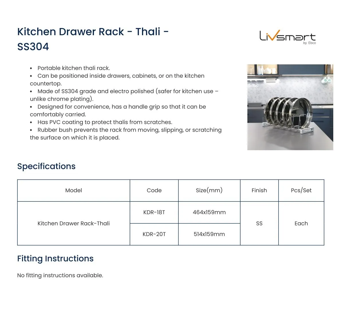 Ebco Livsmart SS304 Kitchen Drawer Thali Rack, 464 x 159 mm, SS304, each, Code: KDR-18T