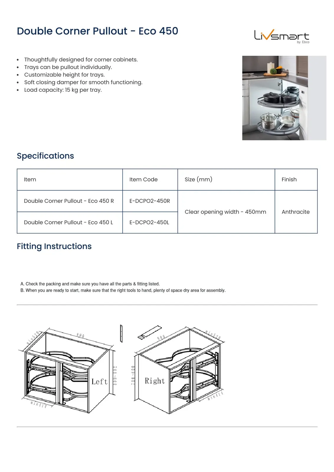 Ebco Livsmart Double Corner Pullout Eco 450, 450 mm clear opening, left-hand, anthracite finish, Code: E-DCPO2-450L - image 2
