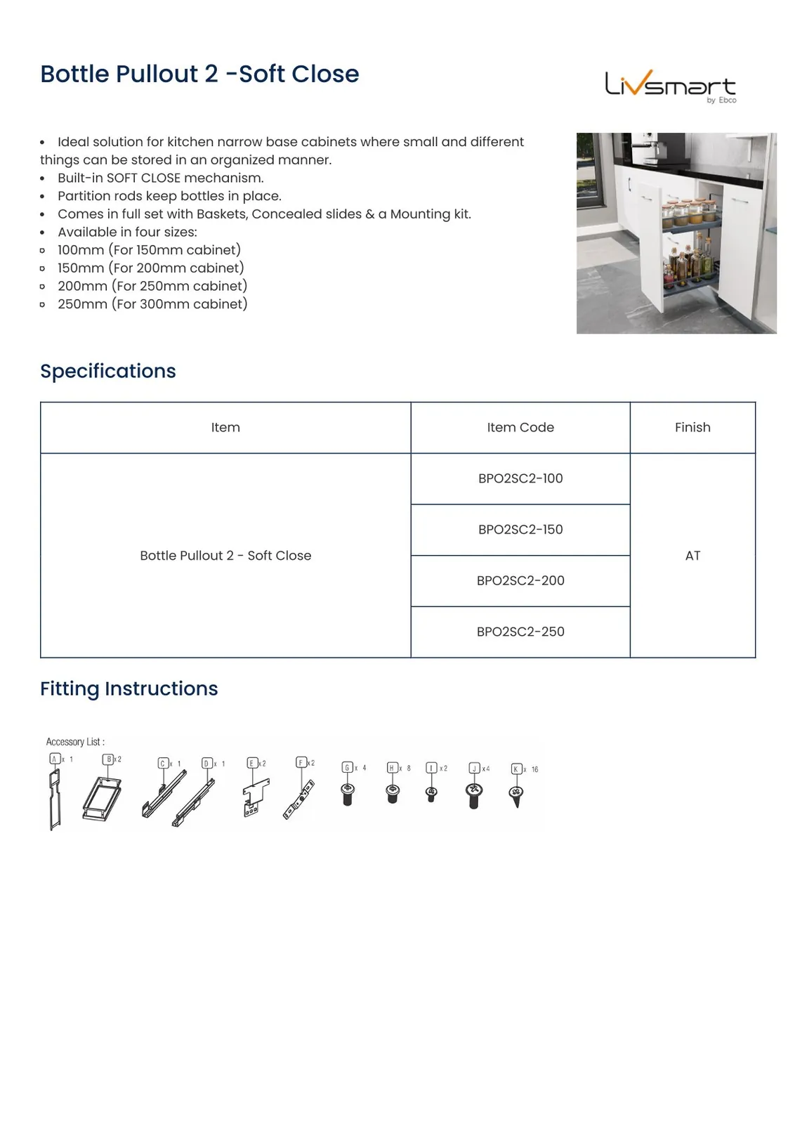 Ebco Livsmart Bottle Pullout 2, 200 mm pullout width, for 250 mm cabinet, soft close, anthracite finish, Code: BPO2SC2-200 - image 2