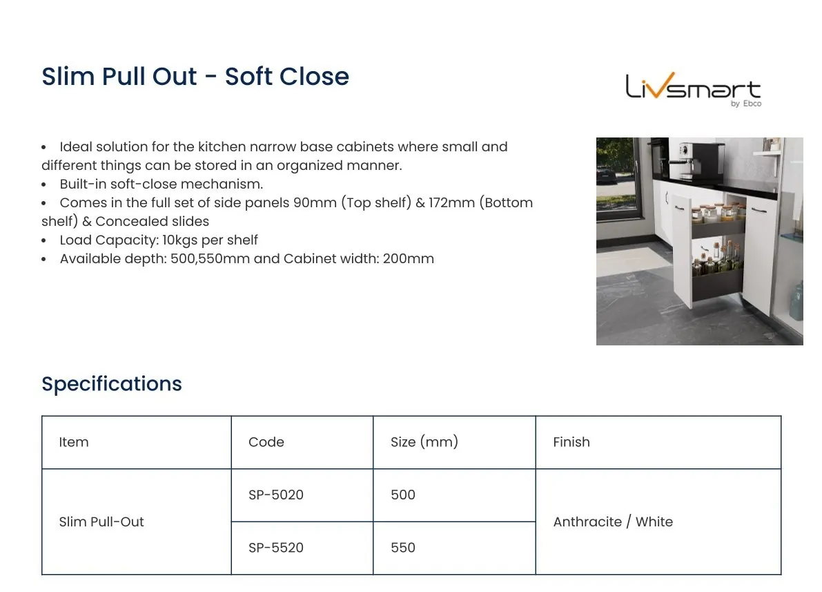 Ebco Livsmart Slim Pullout, 550 mm depth, 200 mm cabinet width, soft close, anthracite finish, Code: SP-5520 - image 2