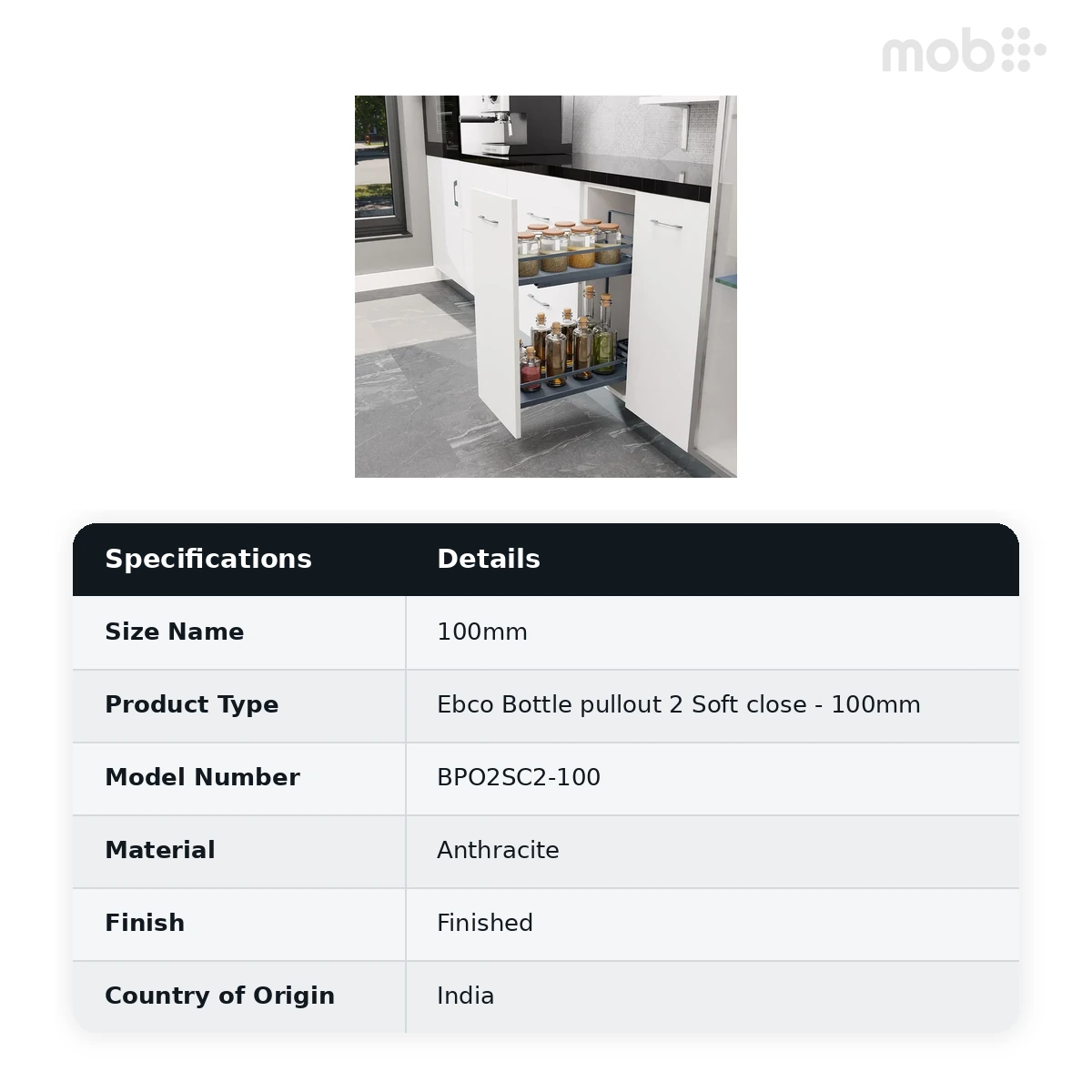 Ebco Livsmart Bottle pullout 2 Soft Close Length 100mm Anthracite Color code: BPO2SC2-100