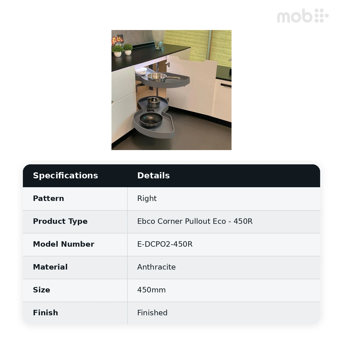 Ebco Livsmart Double Corner Pullout Eco 450 R Length 450mm Anthracite Color code: E-DCPO2-450R - image 2